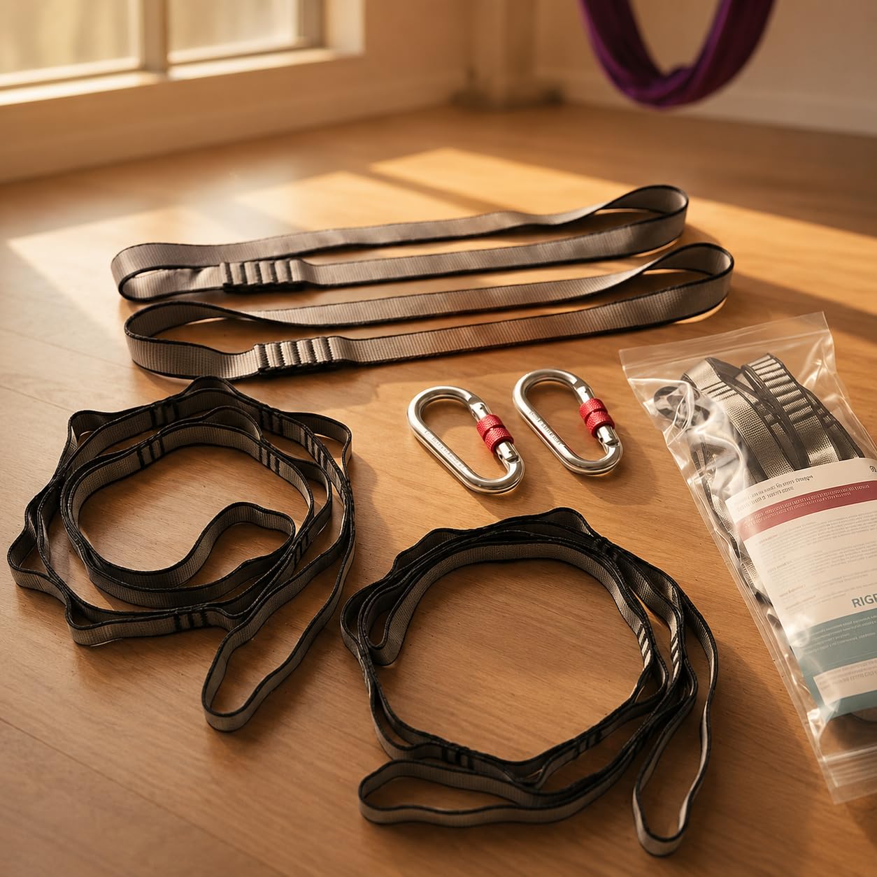 Aerial Yoga 2-Punkt-Aufhängungs-Set – 2x Daisy Chains, 2x Karabiner, 2x Schwerlast Rundschlingen – höhenverstellbar geeignet für Yogatuch & Aerial Tuch & Babyschaukel & Kuscheltuch