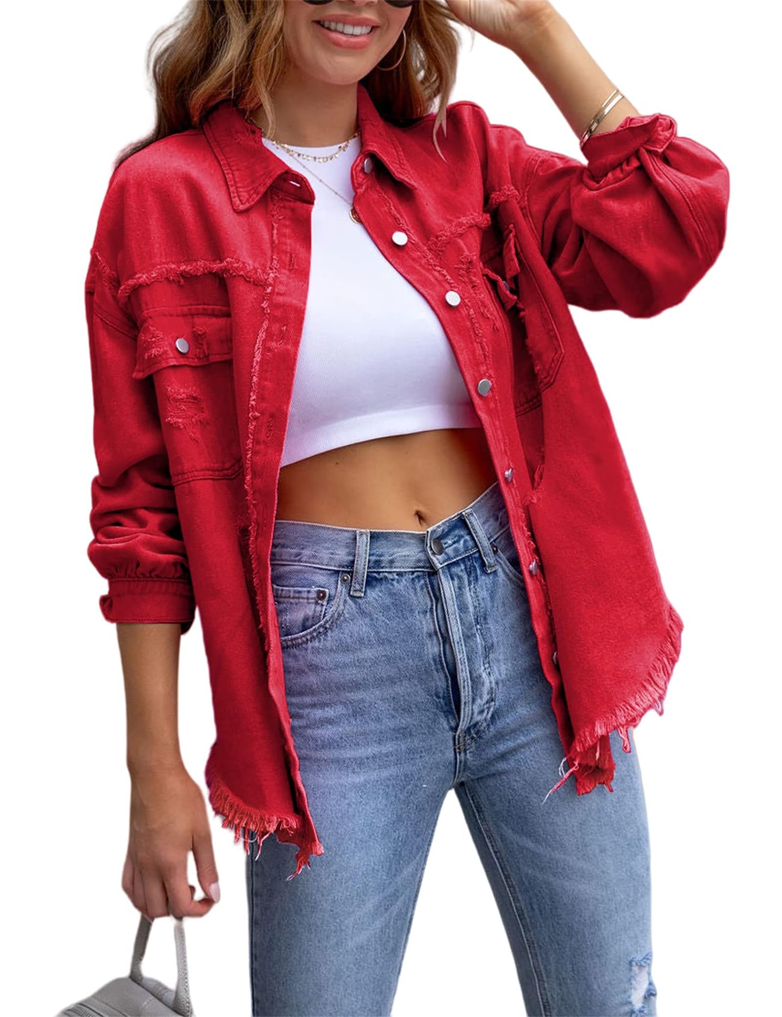 Camicia da donna oversize in denim, a maniche lunghe, effetto invecchiato | Chiusura frontale a scatto, cuciture a bordo vivo, doppia patta, spalle cadenti, stratificazione tank-to-tee