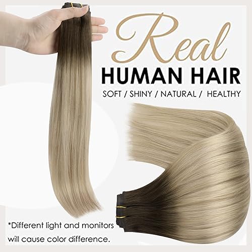Miniatura 3 de Full Shine - Extensiones de cabello humano con clip, trama de poliuretano, rubio ombré, color castaño oscuro a reflejos rubios, sin costuras, para