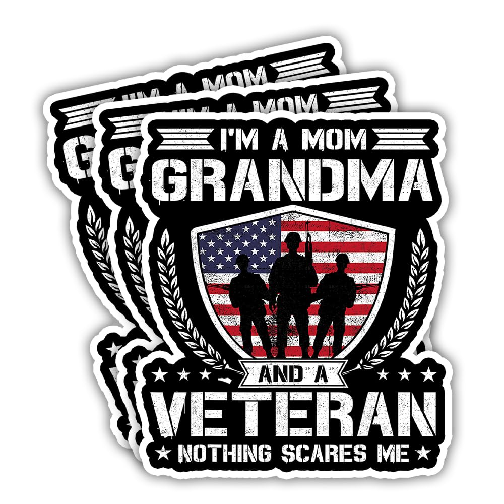 SODAVA (3Pcs) Veteran Mom Grandma Sticker – Proud Military Family Decal, Patriotic American Flag Vinyl Sticker, Waterproof Decal for Car, Laptop, Water Bottle, Notebook