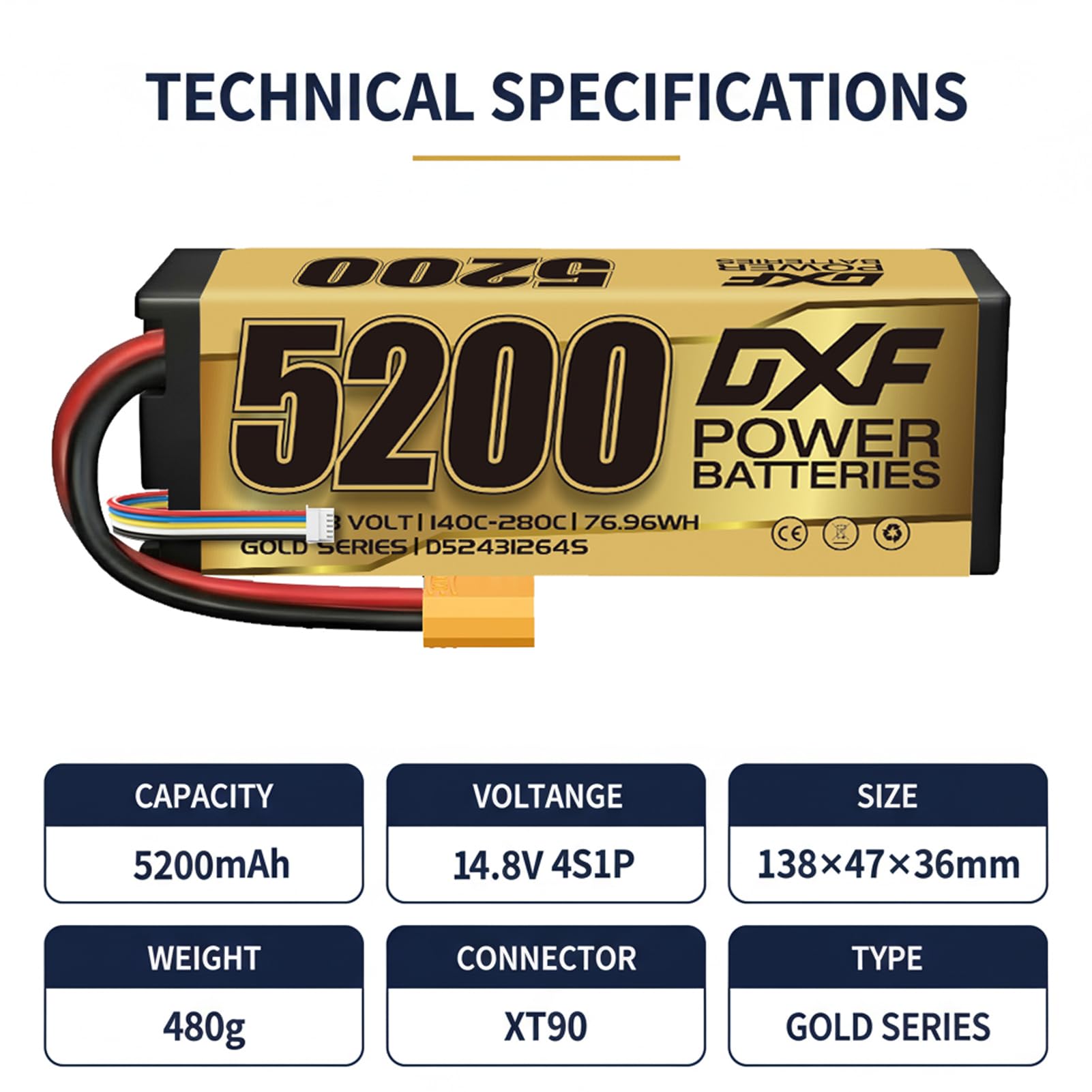 DXF 2 confezioni – 5200 mAh, 140 C, spina XT90, batteria lipo 4s ideale per 1/8 & 1/10 auto di losi, hpi, associated & altro ancora – 4s lipo potente e affidabile
