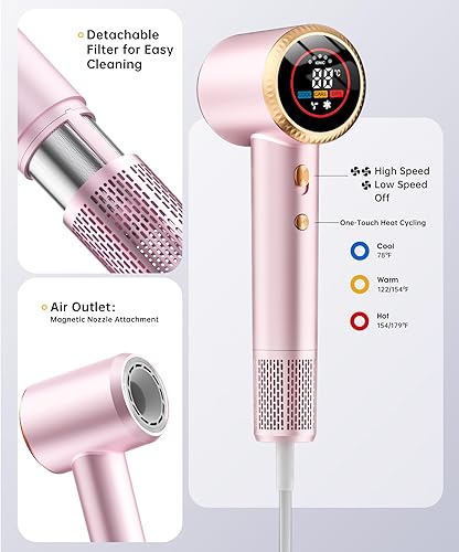 Miniatura 4 de Secador de pelo profesional con difusor, secador de pelo de alta velocidad de 150,000 RPM para secado rápido y diseño de bajo ruido, iónico para