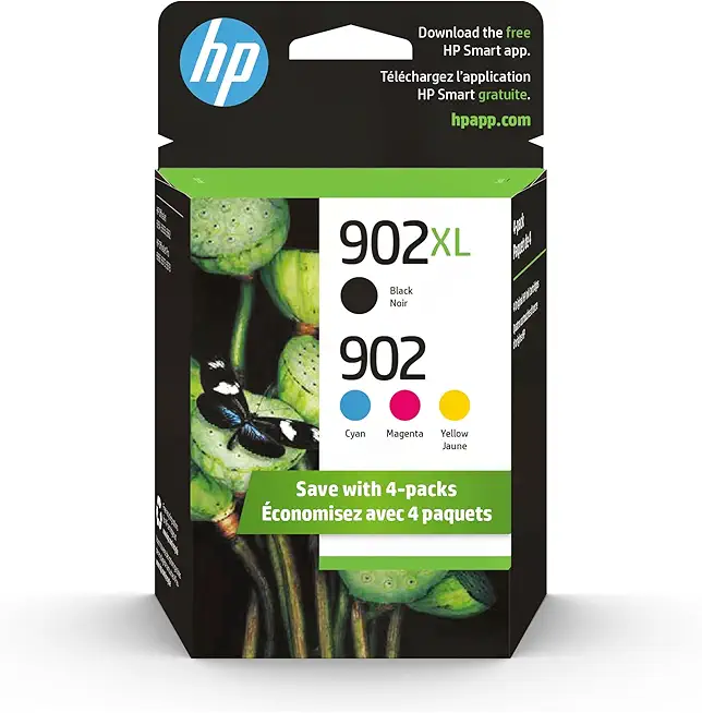 HP Original 902 Cyan, Magenta, Yellow / 902XL Black Ink Cartridges (4-Pack) | Works OfficeJet 6950, 6960 Series OfficeJet Pro 6960, 6970 Series | Eligible for Instant Ink | T0A39AN