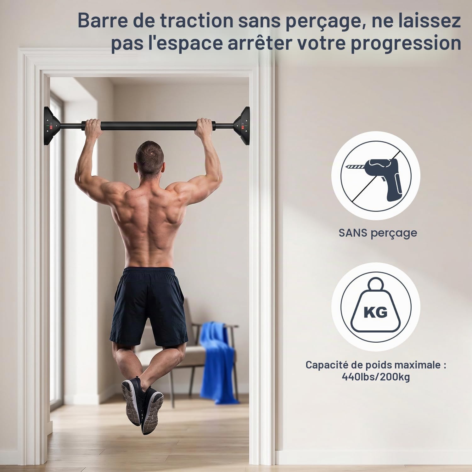 Barre de Tractions, Barre de Traction pour Porte sans vis, Barre de Traction réglable de 74 à 97 cm, Jusqu'à 200 kg,Bar de Traction Avec Niveau à Bulle