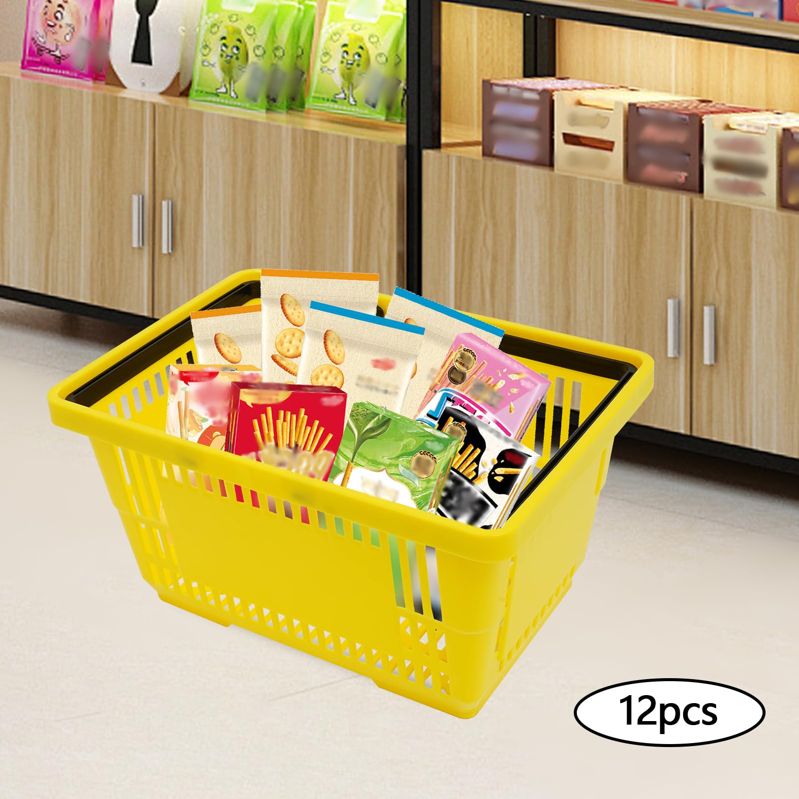 Einkaufskörbe-Set, 28 l, Kunststoff, Einkaufskorb mit Griffen, tragbarer Aufbewahrungskörbe, moderner Einzelhandel, Einkaufskörbe, Set für Supermärkte, Einzelhandel, Shopping, Gelb, 12-teilig