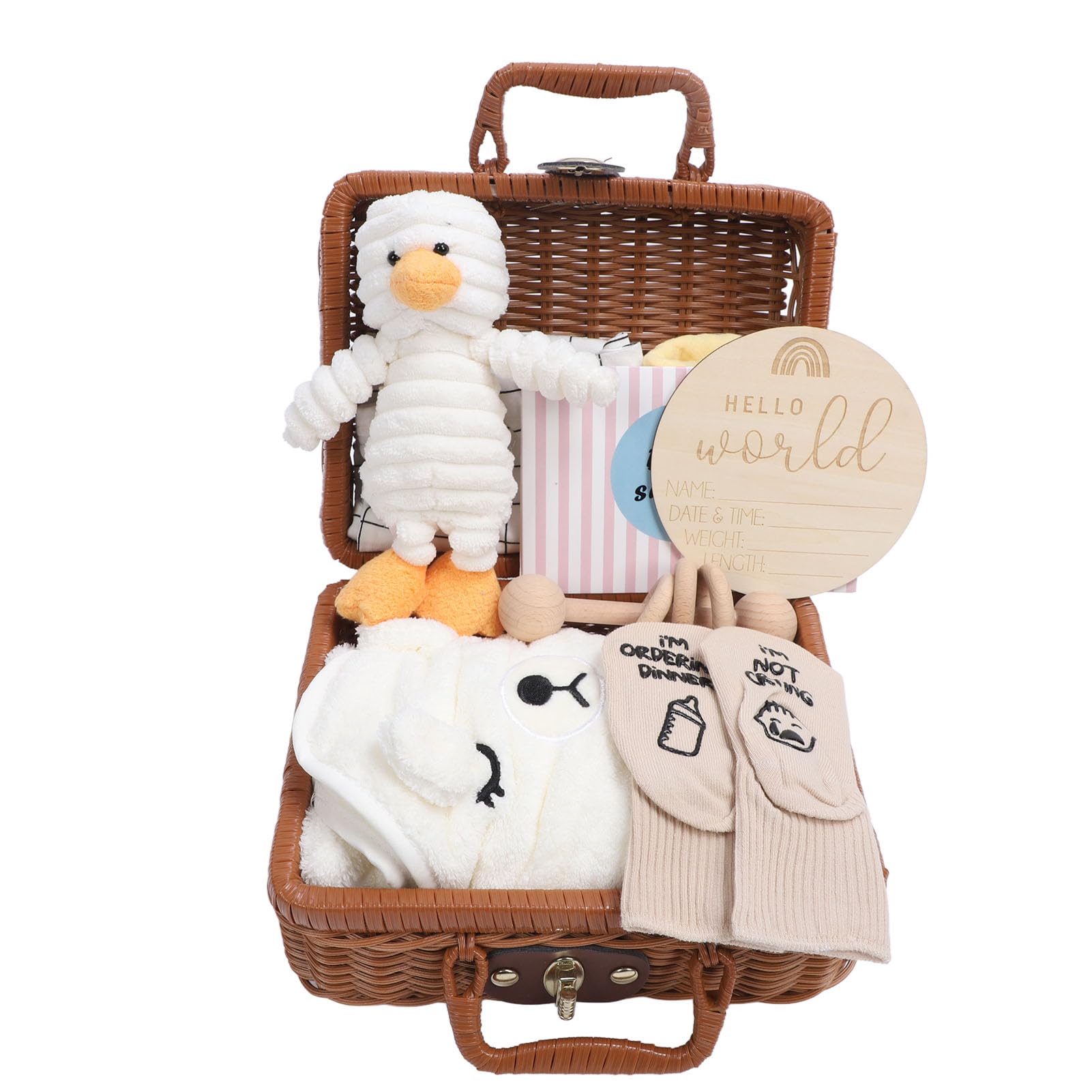 Baby-Geschenkkorb, Holzrassel, Spielzeug, Babyparty-Geschenke, Lustige Lätzchen, Badetuch, Kleidung für Zuhause (WHITE)