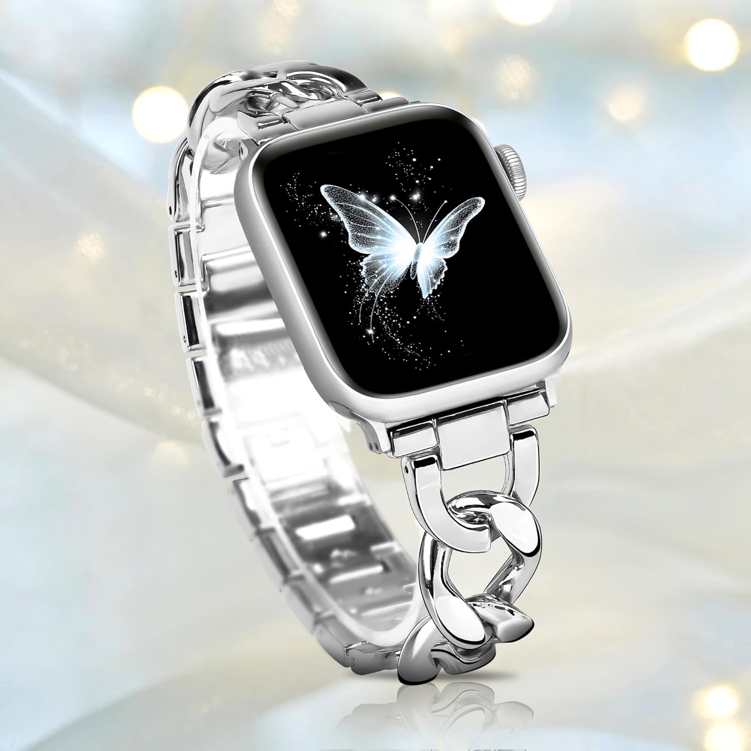 Slim Metal Band for Apple Watch Bands for Women 46mm 45mm 44mm 49 42mm(S3) iWatch Bands, Cowboy Chain Thin Dressy Fancy Strap for Apple Watch Band Series 11 Series 10 9 8 SE 7 6 5 4 3-Silver - Image 5