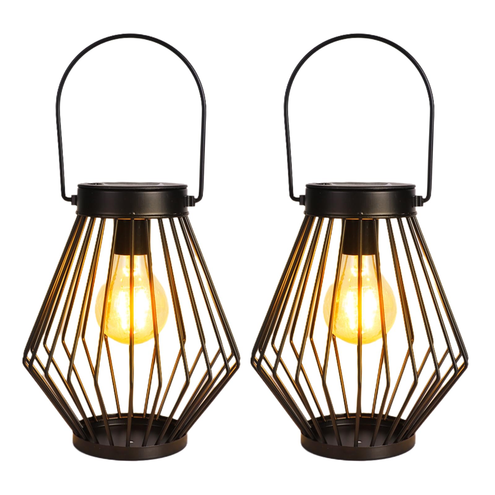 Solarlaterne für den Außenbereich, solarbetriebene Metallleuchte mit Griff, 2 Packungen, wasserdicht, kabellos, warm, Retro-Leuchtmittel, Design-Lampe für Hof, Garten, Terrasse, Zaun,