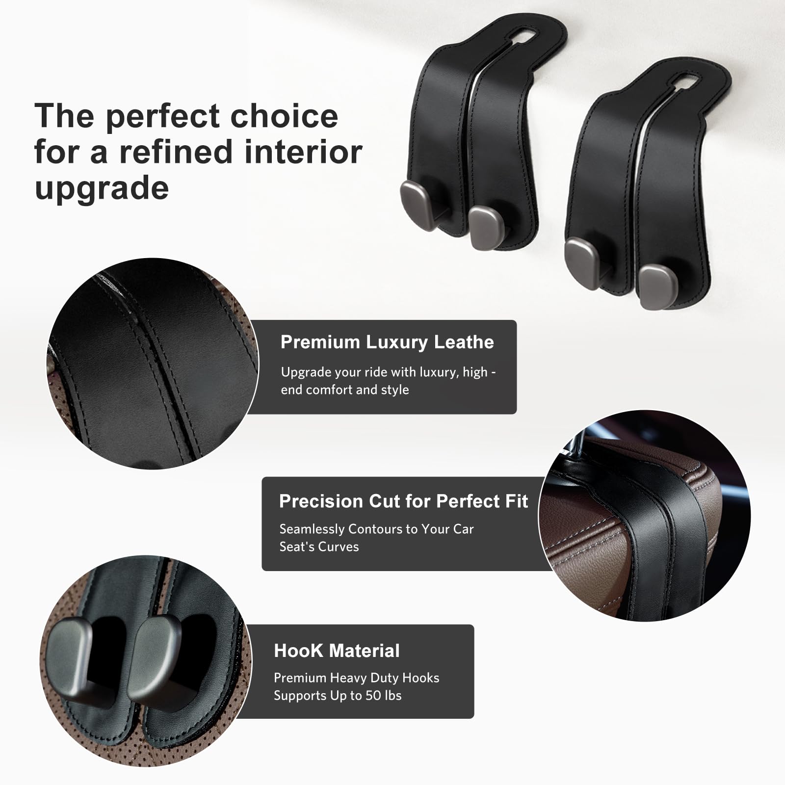 CoBak Purse Hook for Car - Universal Premium Stitched Leather and Aluminum-Magnesium Alloy Double Car Seat Back Storage — view 2