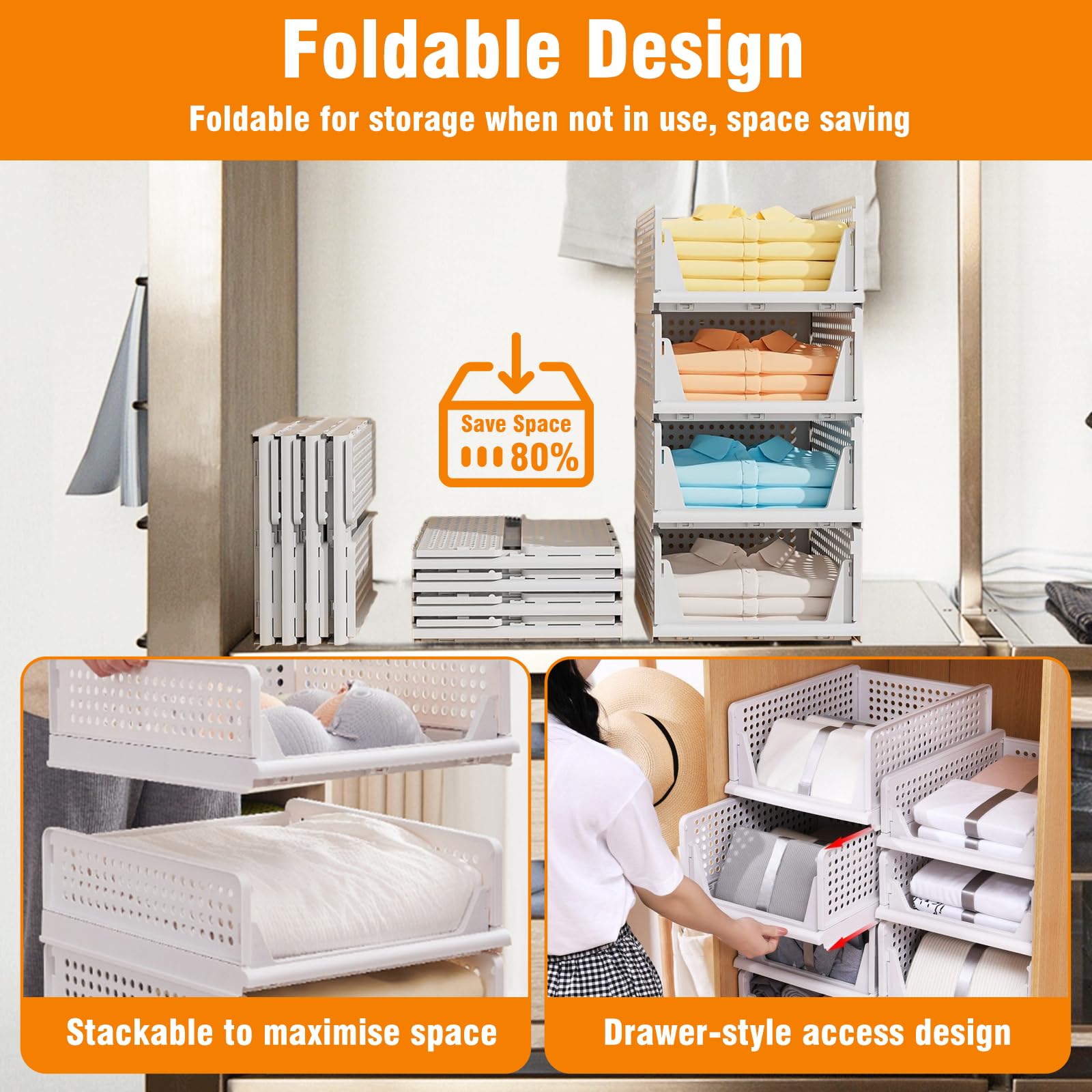 4 Piezas Organizador Armario Apilable, Cajas Almacenamiento Plastico Plegable, Cesta Cajoneras Almacenaje Interior, Organizadores Cajones Ahorra Espacio para Ropa, Cocina, Dormitorio, Baño (Blanco)