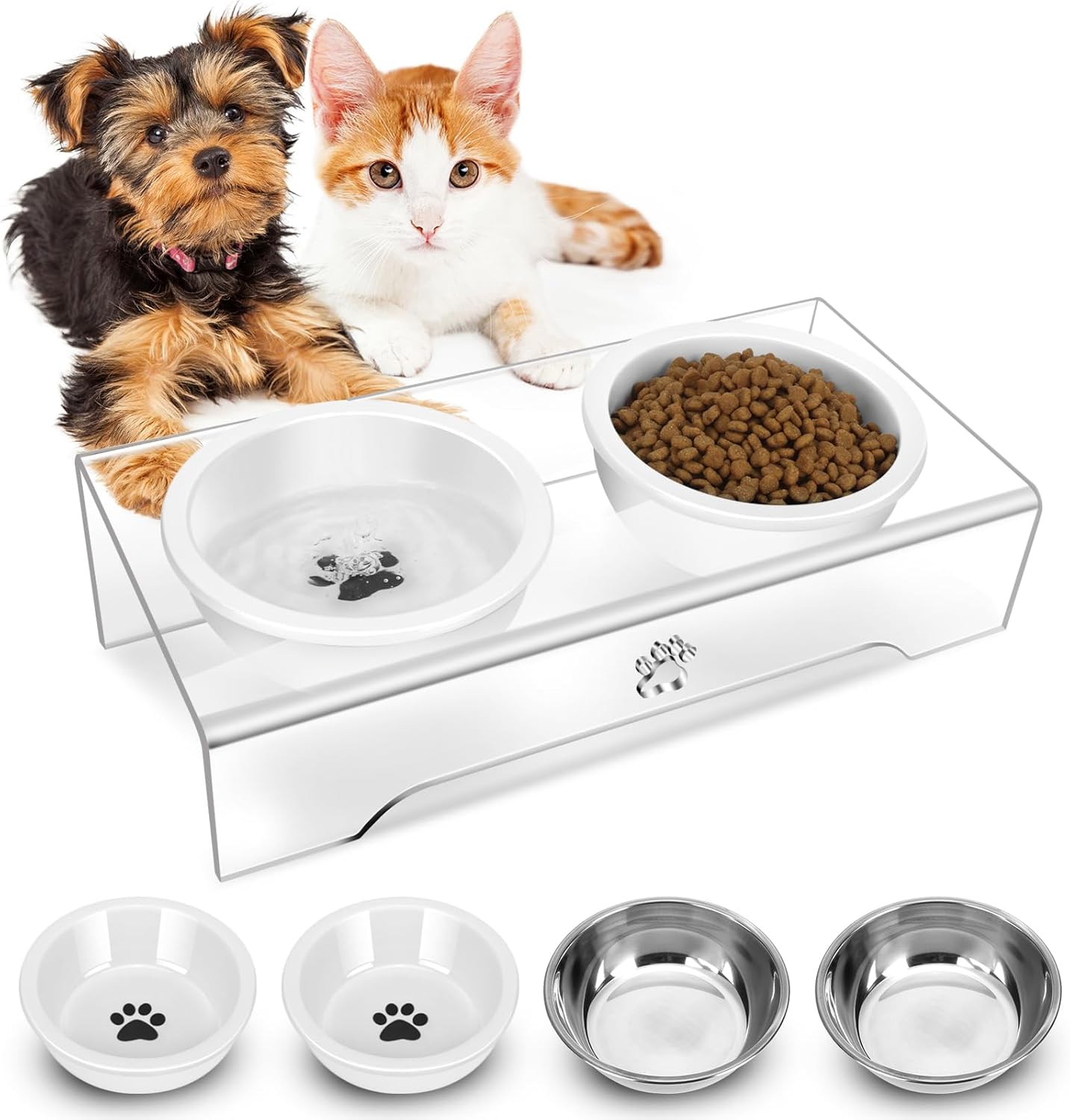 Proerr Elevated Tilted Cat Bowls,Ceramic Cat Food and Water Bowl Acrylic Stand,4