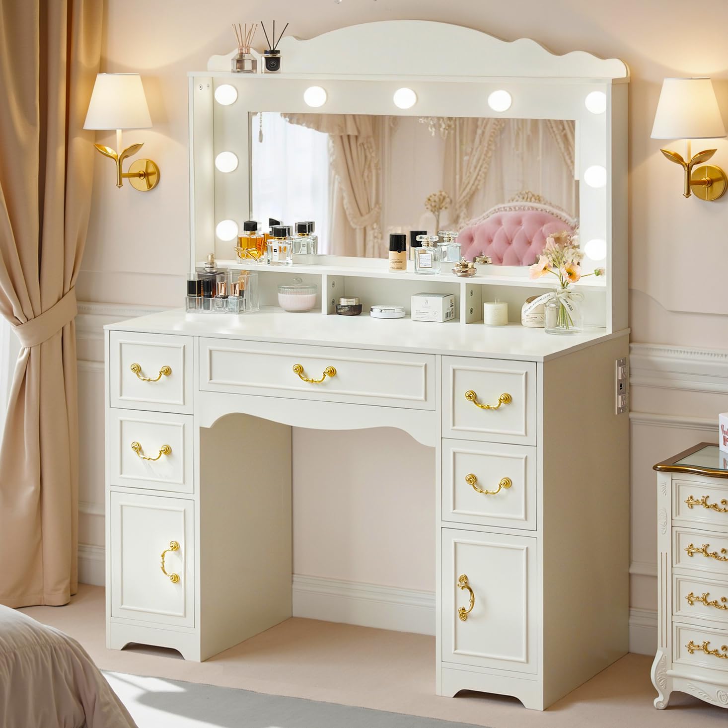 JanflyHome Vanity Desk with Mirror and Lights- 57‘’ W Large Makeup Vanity Table with Power Outlet & 5 Drawers, 3 Colors and Brightness Adjustable, Modern Dressing Table for Bedroom, White