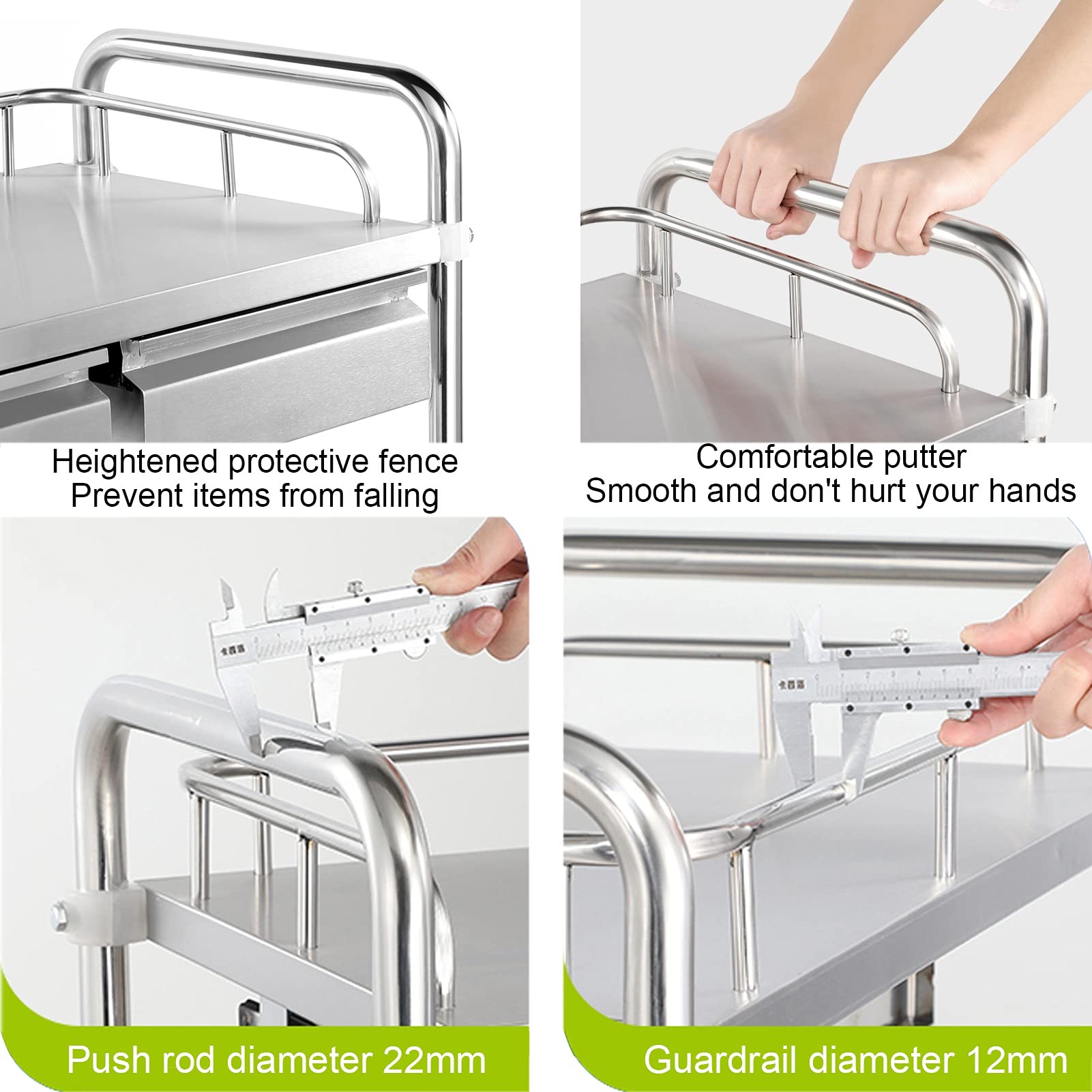 Carrello di servizio in acciaio inox, carrello di servizio con ruote, 2 ripiani staccabili con cassetto, carrello di servizio, carrello di stoccaggio, con ruote blocc,B-60*40*86Cm(23.6*15.7*33.8In)
