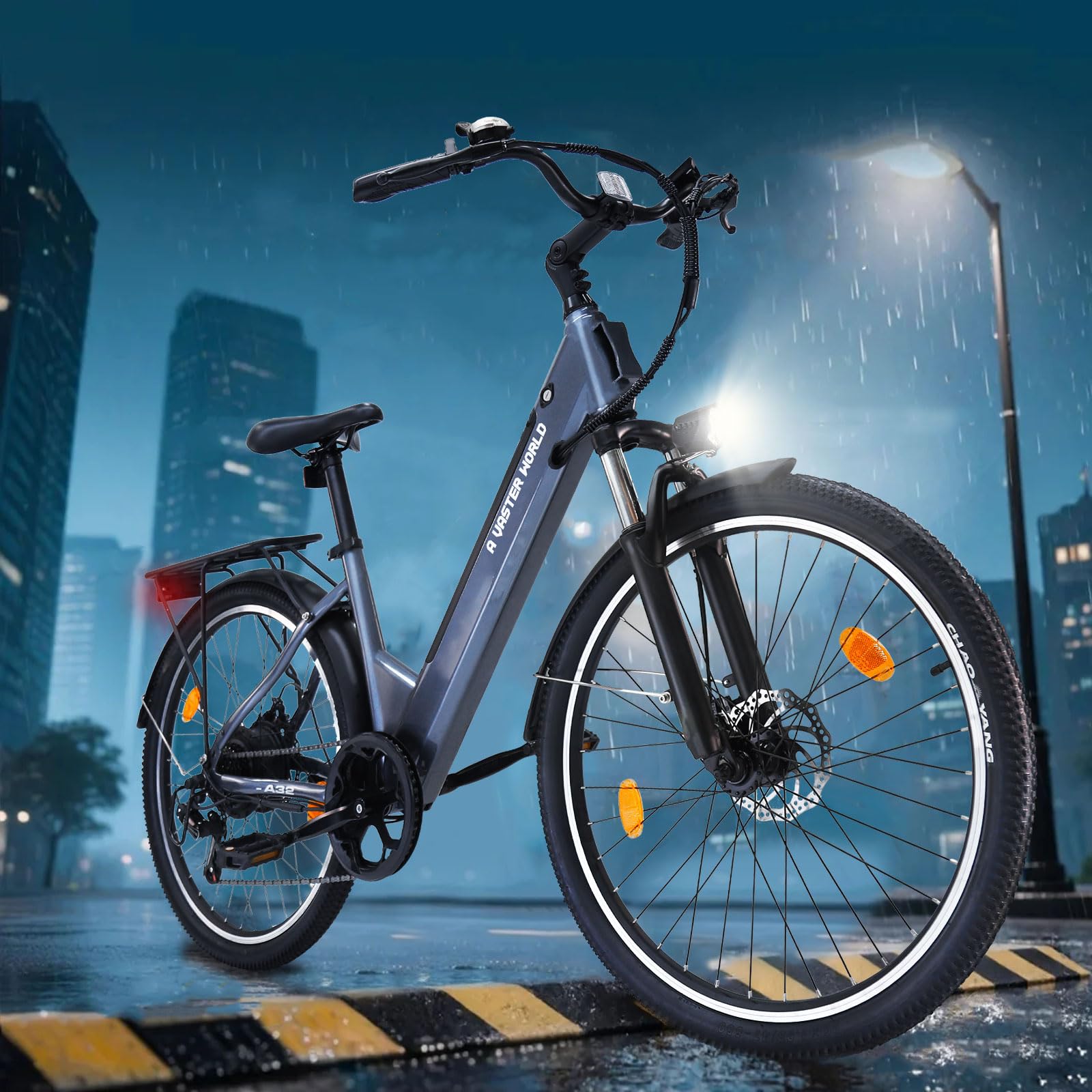 Bici Elettrica 26 Pollici Uomo Donna, Batteria 48V 7,8Ah, 25 km/h, 7 Velocità, Freni a Disco, Sospensione Anteriore, LED, Bicicletta Elettrica per Città