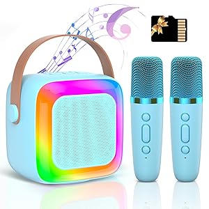 Mini Karaoke Machine for Kids Adults,Portable Bluetooth Karaoke Speaker with 2 Wireless Microphone and LED Lights,Toys for Party,Home KTV,Birthday for Boys 4, 5, 6, 7, 8,12+ Toddler Teens(Blue)