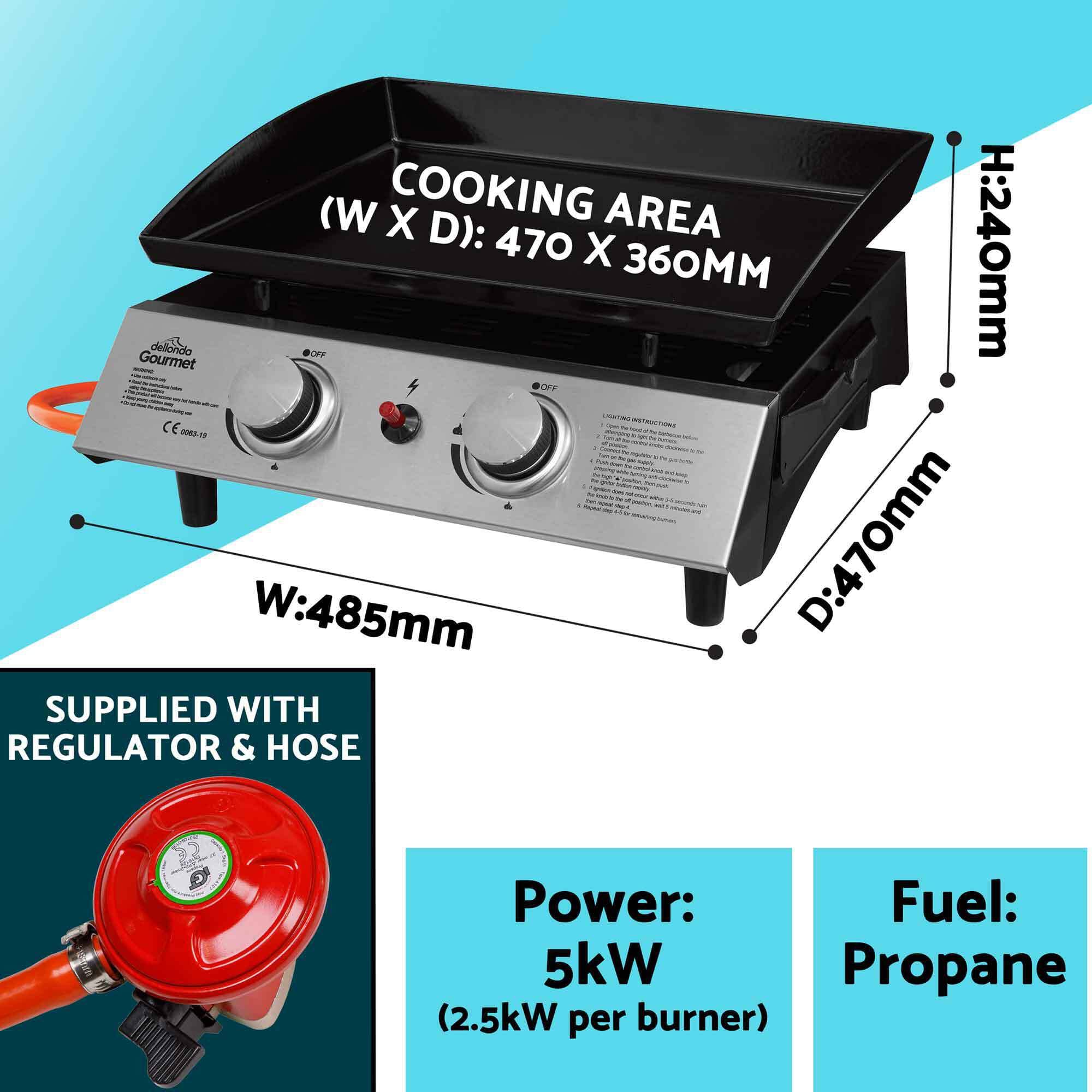 Dellonda 2 Burner Portable Gas Plancha 5kW BBQ Griddle, Stainless Steel