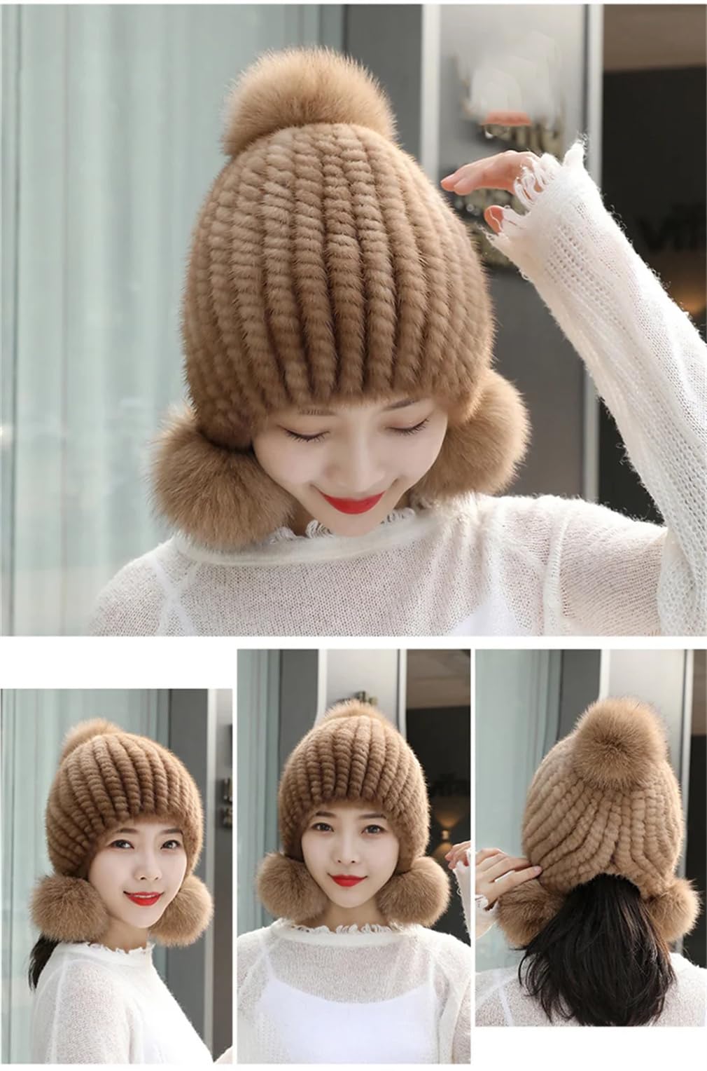 Cappello da donna invernale lavorato a maglia, berretto russo con pompon spesso berretto da sci da neve cappelli elastici