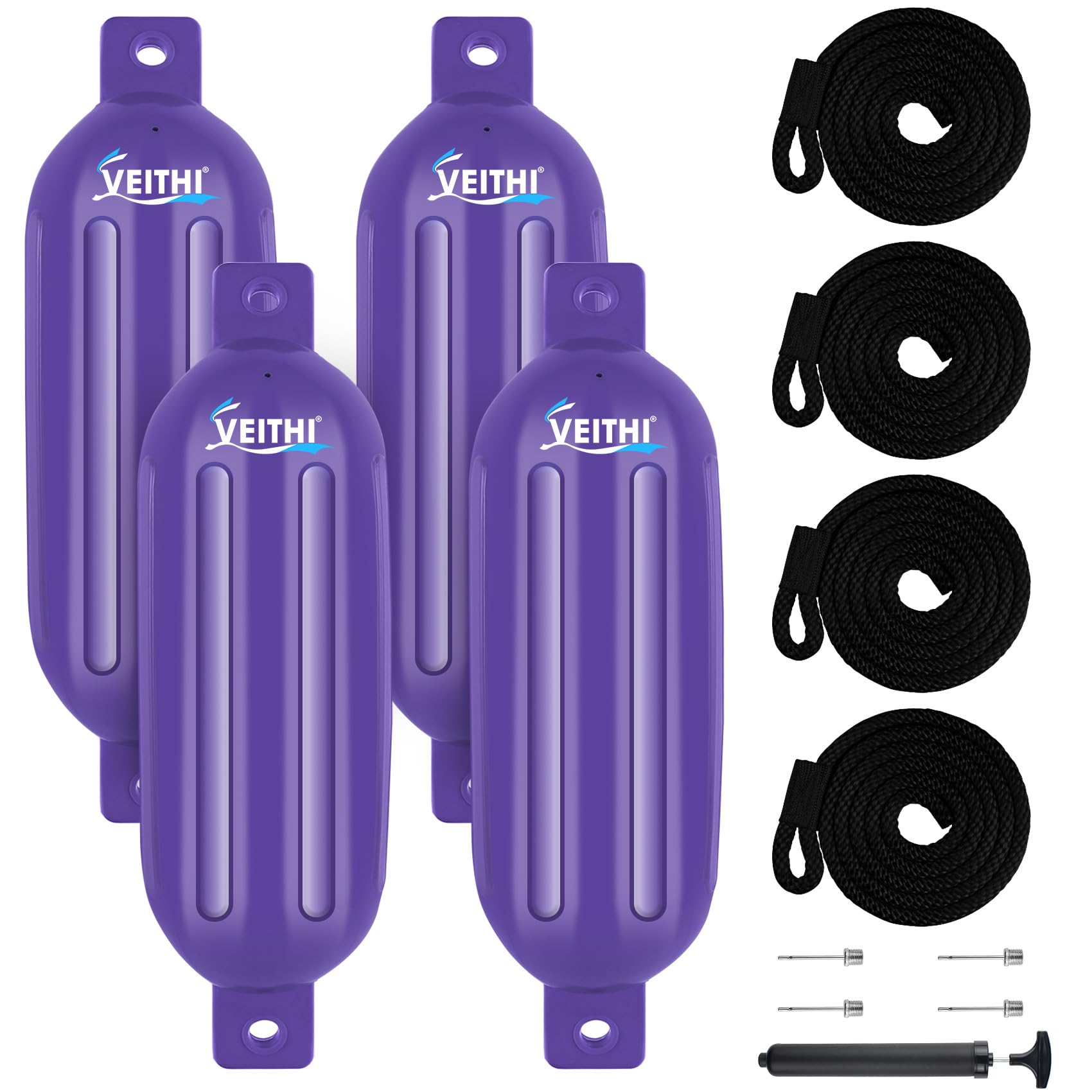 VEITHI Boat Fenders 4 Pack 6.5 x 23 inch,Ribbed Twin Eyes Vinyl Boat Bumpers Fenders,Boat Bumpers for Docking Come with Ropes Needles and Pump to Inflate,Pontoon Boat Fenders for Docking - Purple