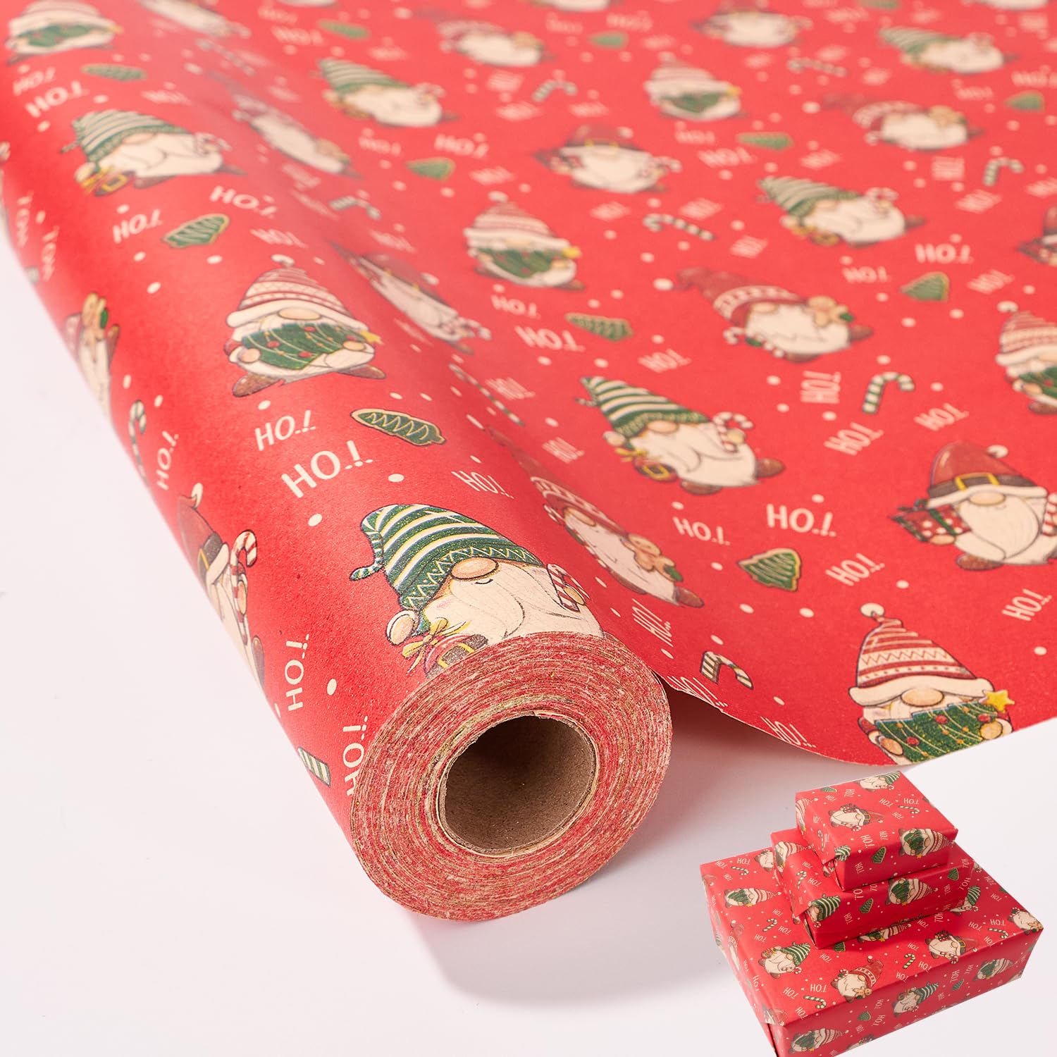 Christmas Wrapping Paper Roll,43cm x 10m Xmas Gift Wrapping Paper,Kraft Xmas Wrap paper for Christmas, Party, Festive Decorations (red-gnomes hoho)