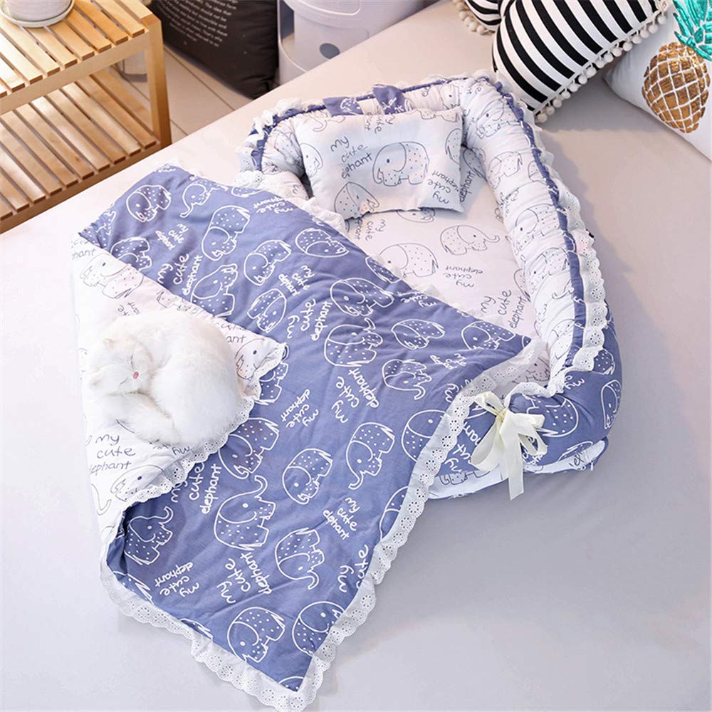 Hоttеѕt Sаlеѕ ABREEZE Ruffled Baby Bassinet for Bed -Blue Elephant Baby Lounger - Breathable & Hypoallergenic Co-Sleeping Baby Bed - 100% Cotton Portable Crib for Bedroom/Travel
