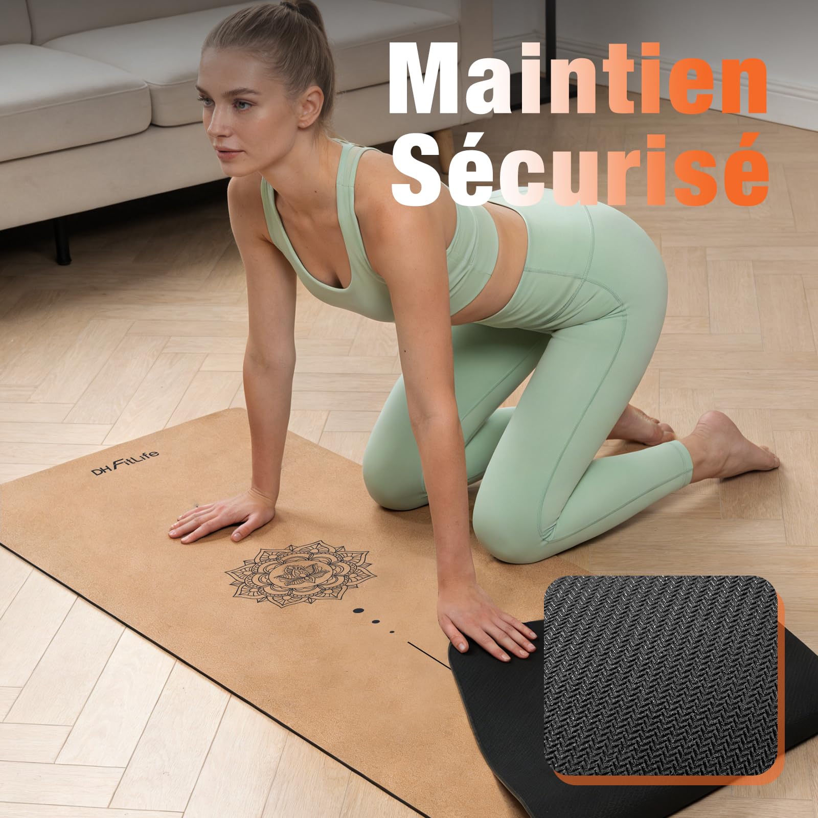 DH FitLife Tapis Yoga Liège Antidérapant Caoutchouc Naturel Pilates Fit | Sangle Transport｜Yoga Pilates｜Tapis Yoga Antidérapant｜Liège Naturel｜Caoutchouc Naturel｜Facile à Nettoyer