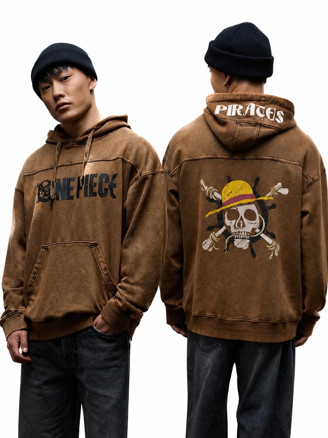 One Piece: Pirates Men and Boys Long Sleeves Hooded Neck Brown Graphic Printed Cotton Blend Oversized Hoodies-image-42