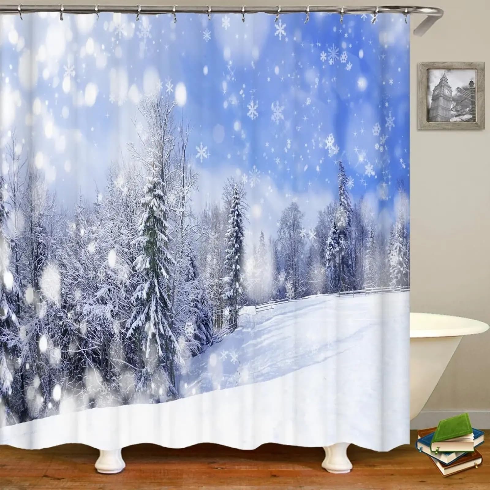 Rideau de douche hiver pour s'évader dans une ambiance de nature enneigée et cocooning