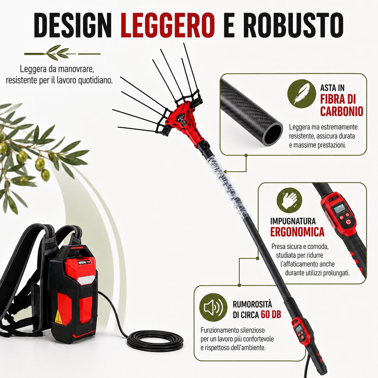 Scuotitore per Olive 600W, 6500 Giri/min, Asta Telescopica 175-270 cm