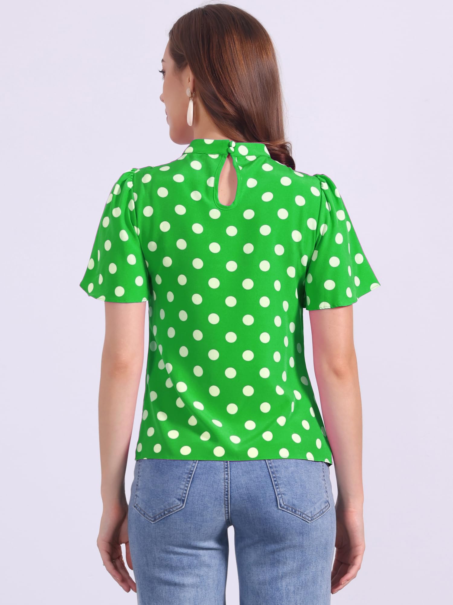 Allegra K Chemisier à pois pour femme - Col montant plissé - Ouverture de serrure dans le dos - Manches courtes évasées