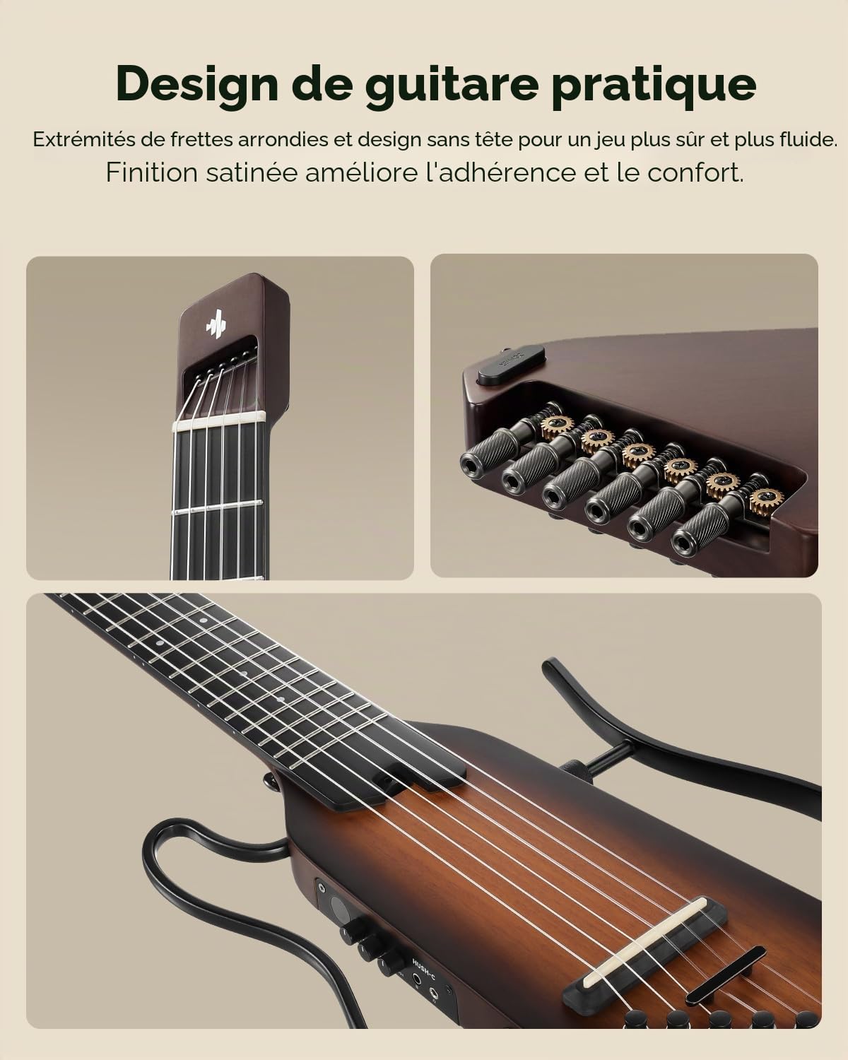 Donner HUSH-C Guitare de Voyage à Cordes en Nylon, Guitare Électro-Acoustique, Ultra-Légère pour Pratique Silencieuse avec Prise Casque, Accordeur Intégré et Housse, Sunburst