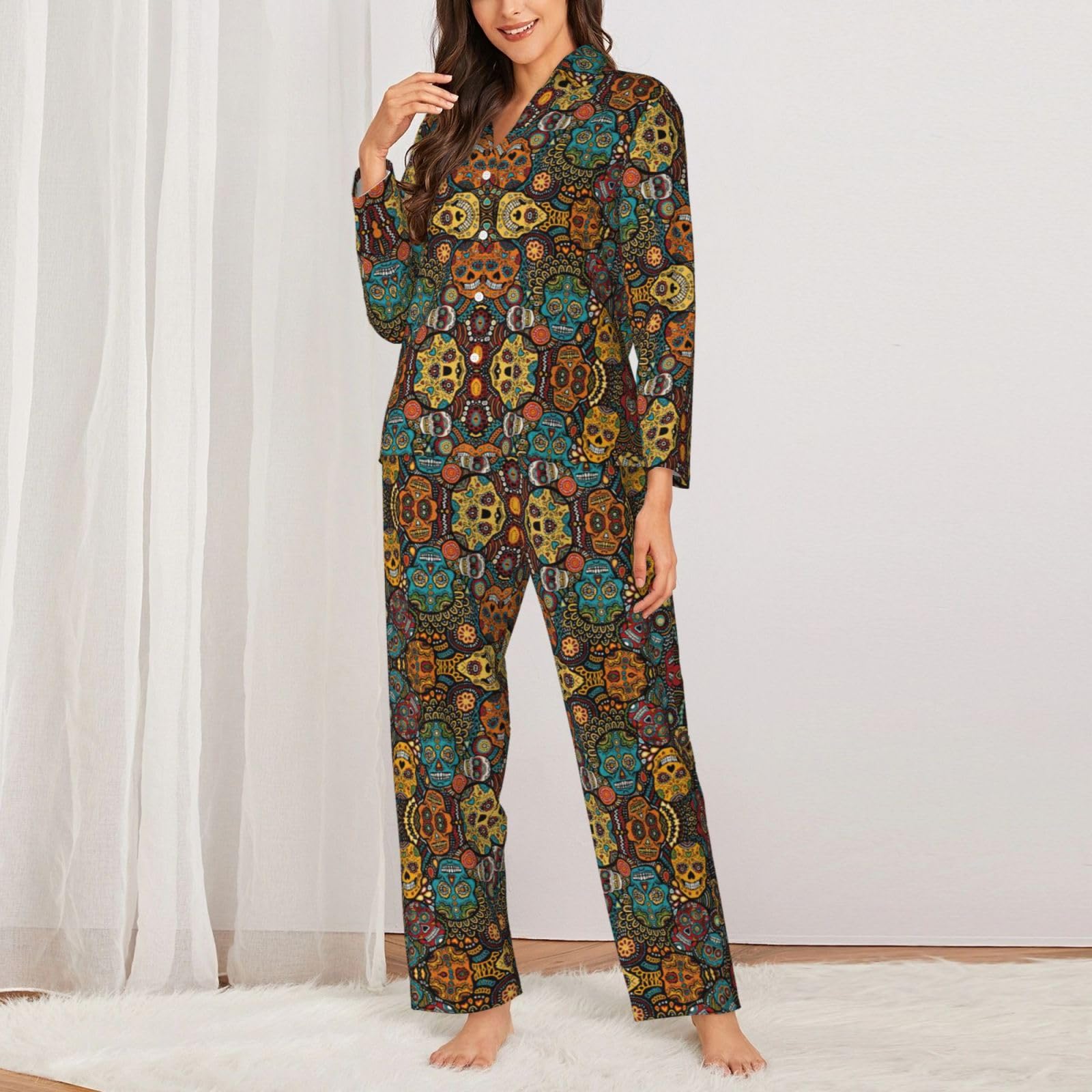 Colorato Zucchero Teschi Stampa Donne Manica Lunga Pigiama Set Daily Lounge Sleepwear Due Pezzi Soft Nightwear Wear