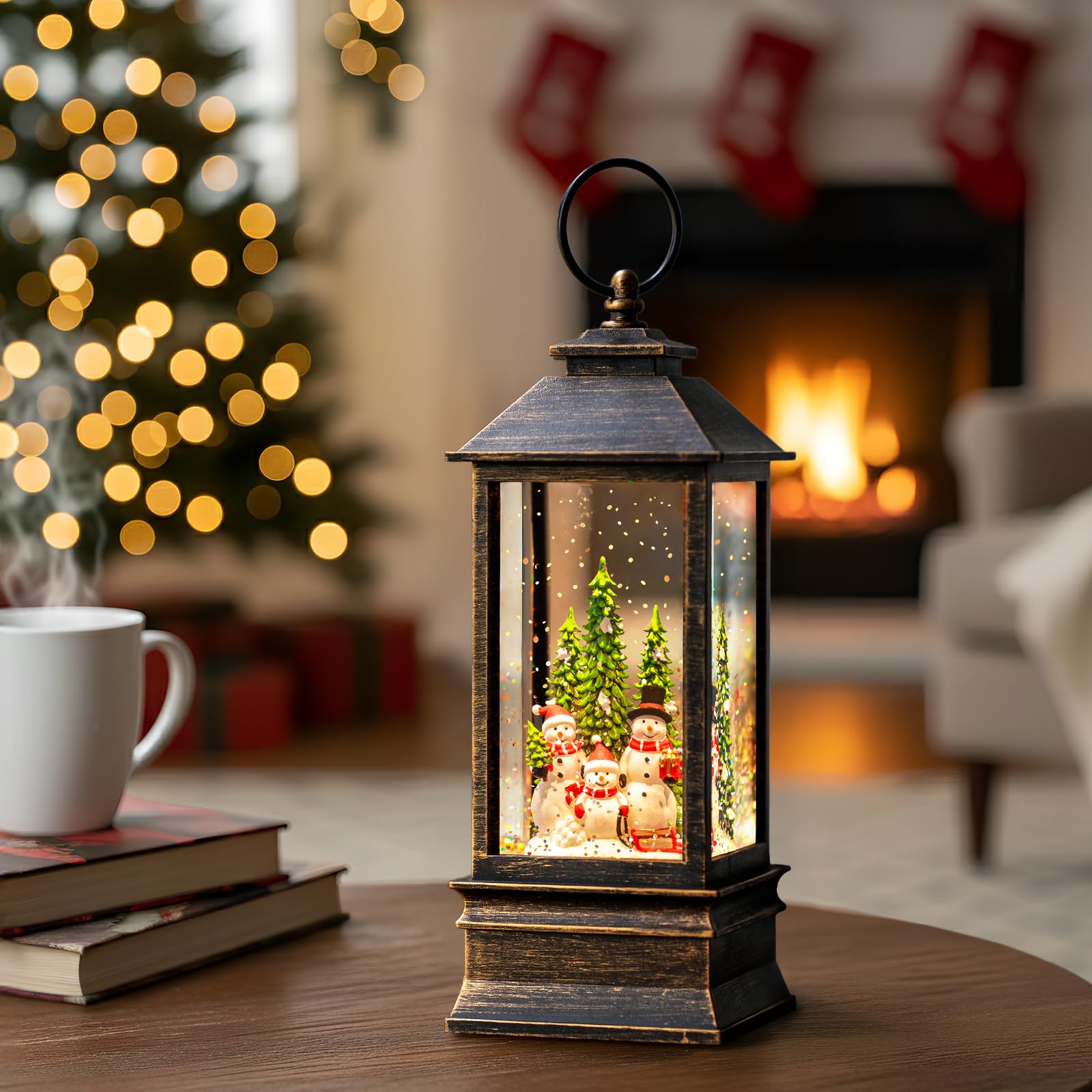 Linterna musical de globo de nieve de 10 pulgadas iluminada con muñeco de nieve familiar, linterna de agua con remolinos brillantes para decoración del hogar y regalo, funciona con pilas o alimentado