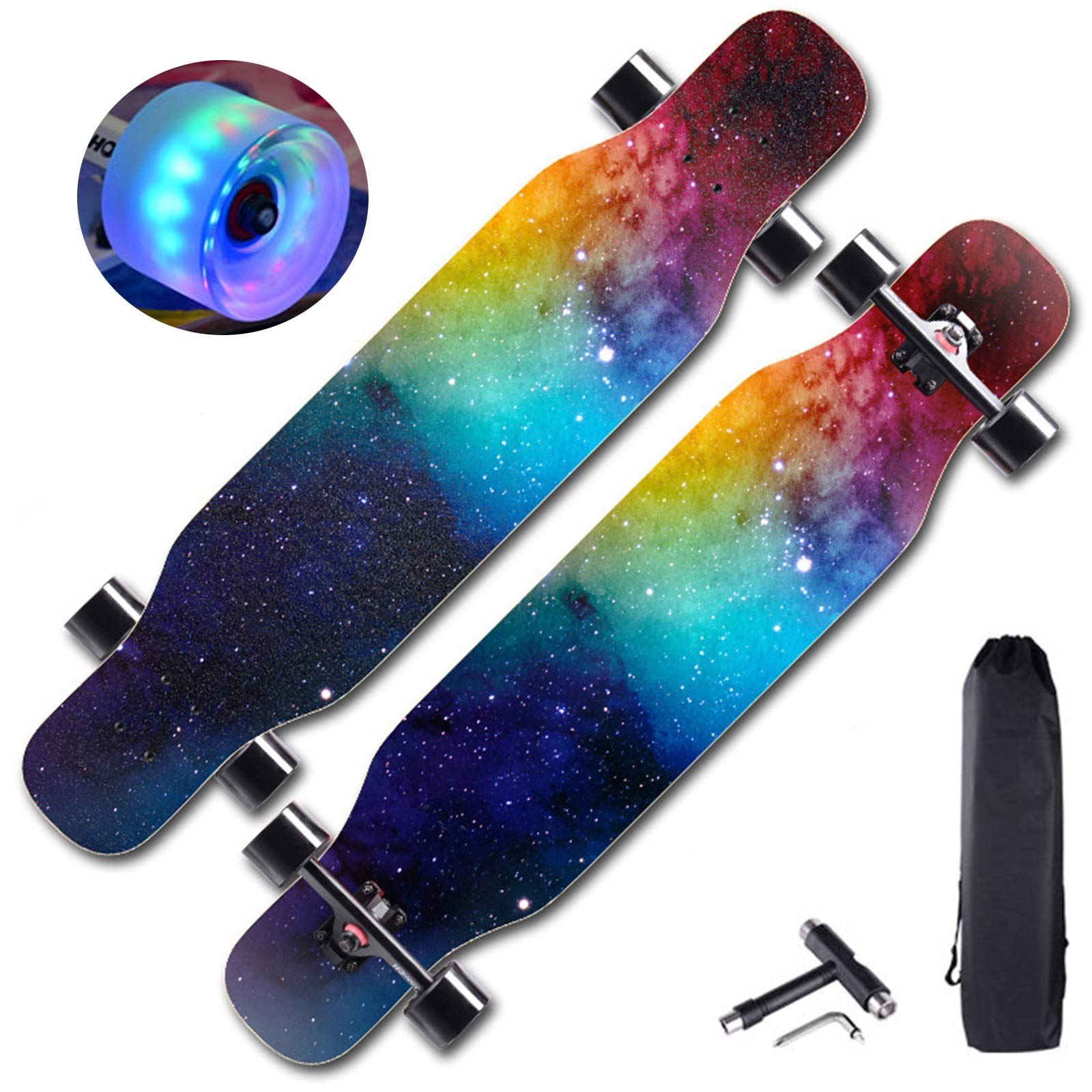 Monopatín Longboard de 43",Monopatín Cóncava de Doble Patada, Tabla de Baile de Madera de Arce de 7 Capas Canadienses con Ruedas LED de PU para Niños,Adolescentes y Adultos Principiantes