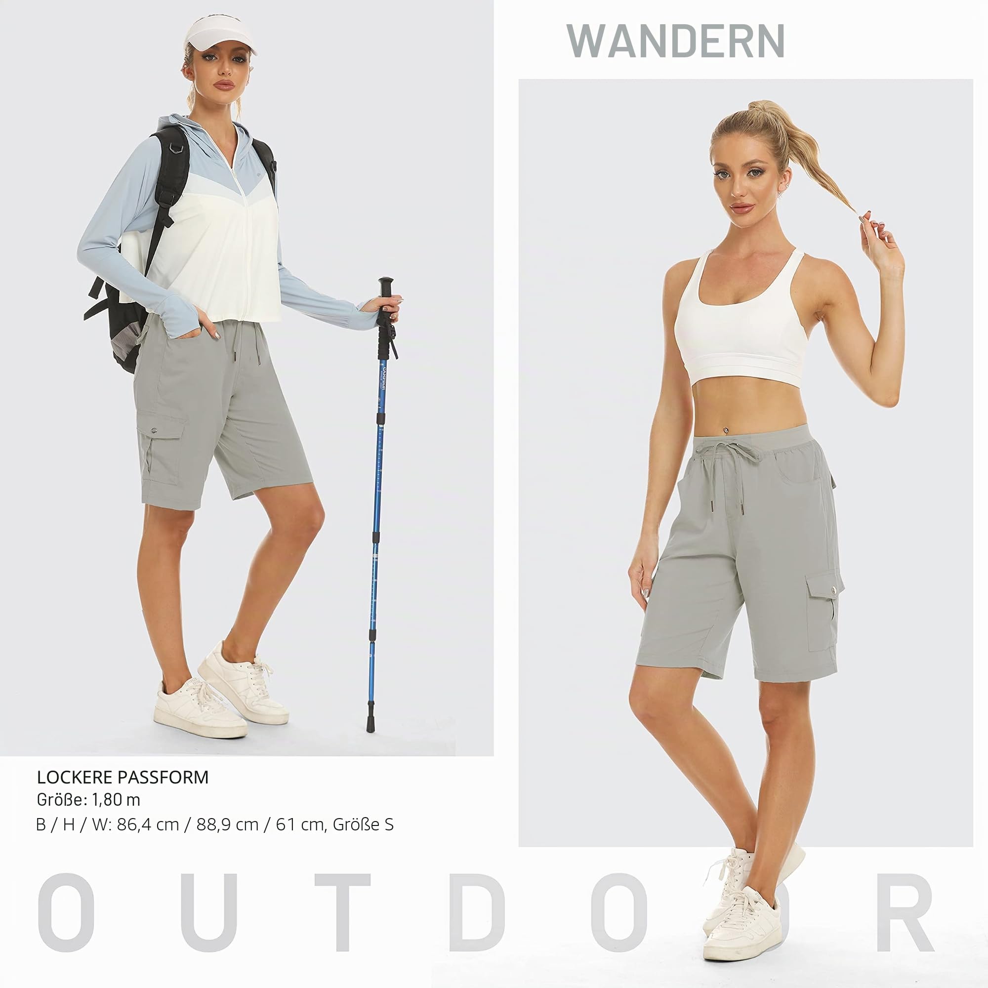 JINSHI Shorts Damen Sommer Cargohose Kurze Wanderhose Outdoor Schnelltrocknend Freizeithose mit Mehrfach-Taschen