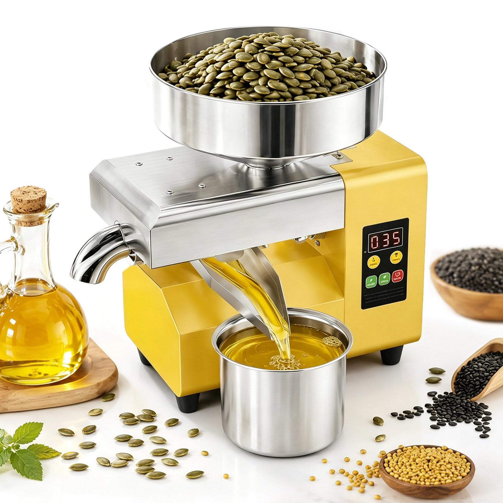 Prensa Eléctrica De Aceite, Tolva Grande, Modos Frío Y Caliente | Tolva De 235 mm Y Entrada De 50 mm Para Más Frutos Secos O Semillas, Reduciendo Recargas Frecuentes Durante El Prensado