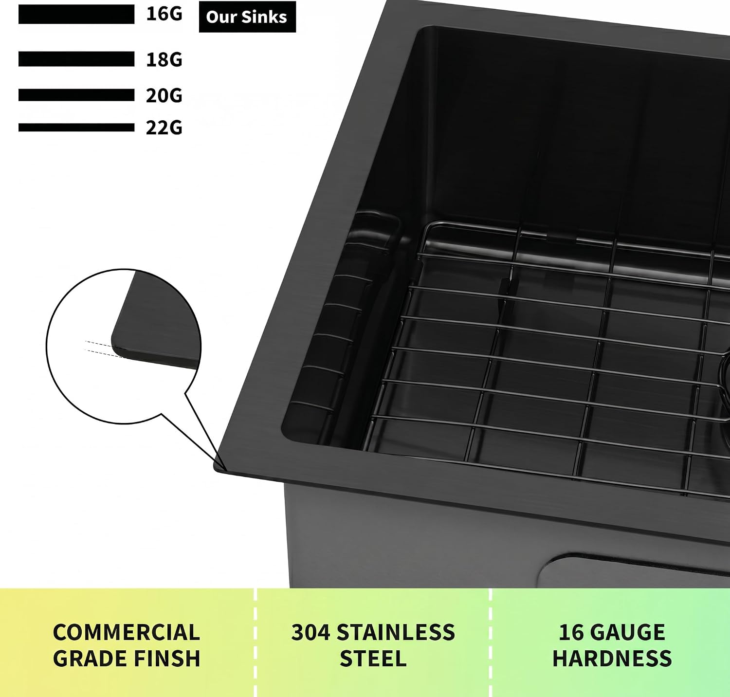 Kitsitchen Black RV Kitchen Sink 27 x 16 Inch, 16 Gauge T304 Stainless Steel Single Bowl Sink, Undermount/Drop-In Camper Sink with Strainer & Bottom Grid for RV, Outdoor Kitchen, Camper and Bathroom image 5