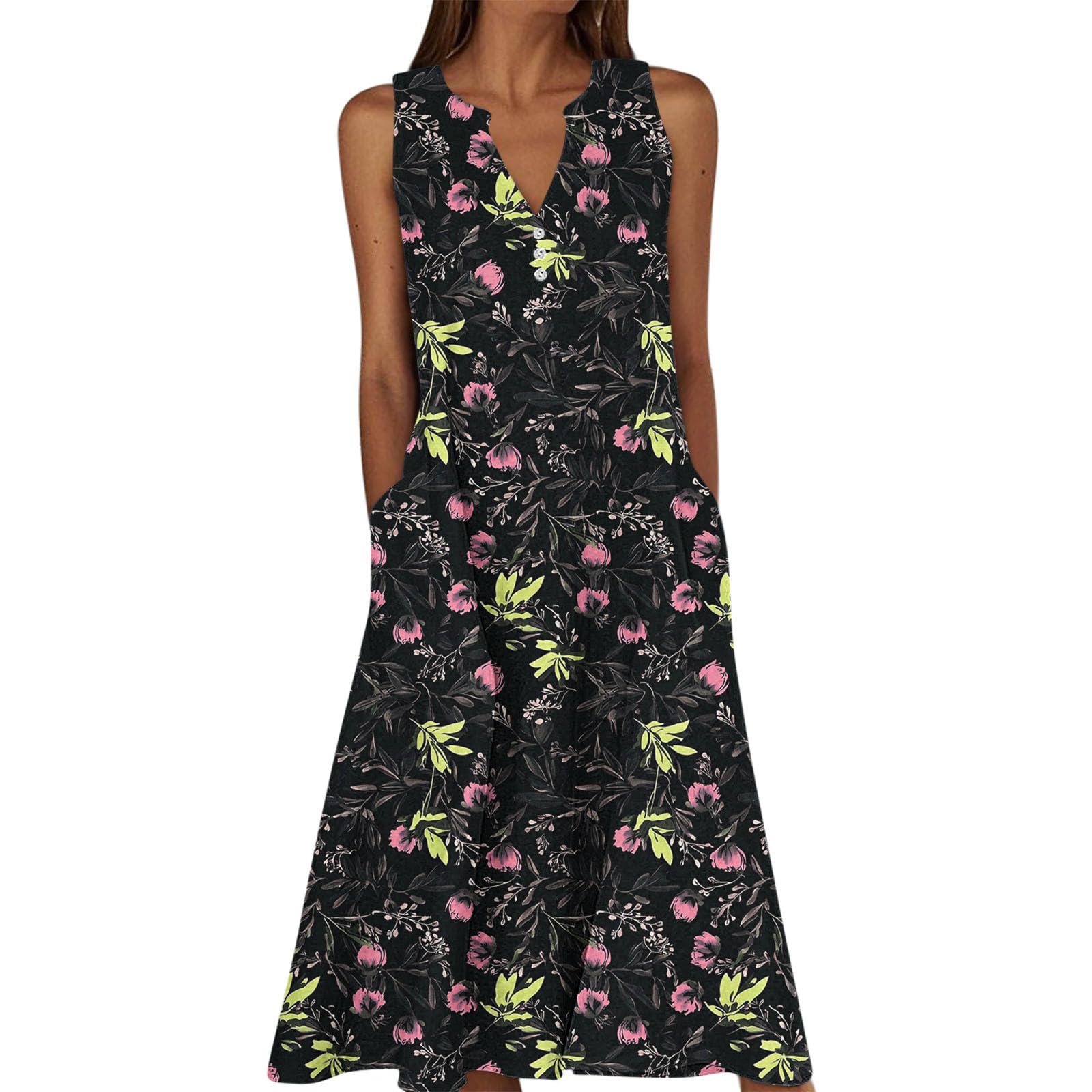 Summer Floral Print Midi Dresses for Women Boho Sleeveless V Neck Tank Dress Beach Vacation Sundress with Pockets — view 23