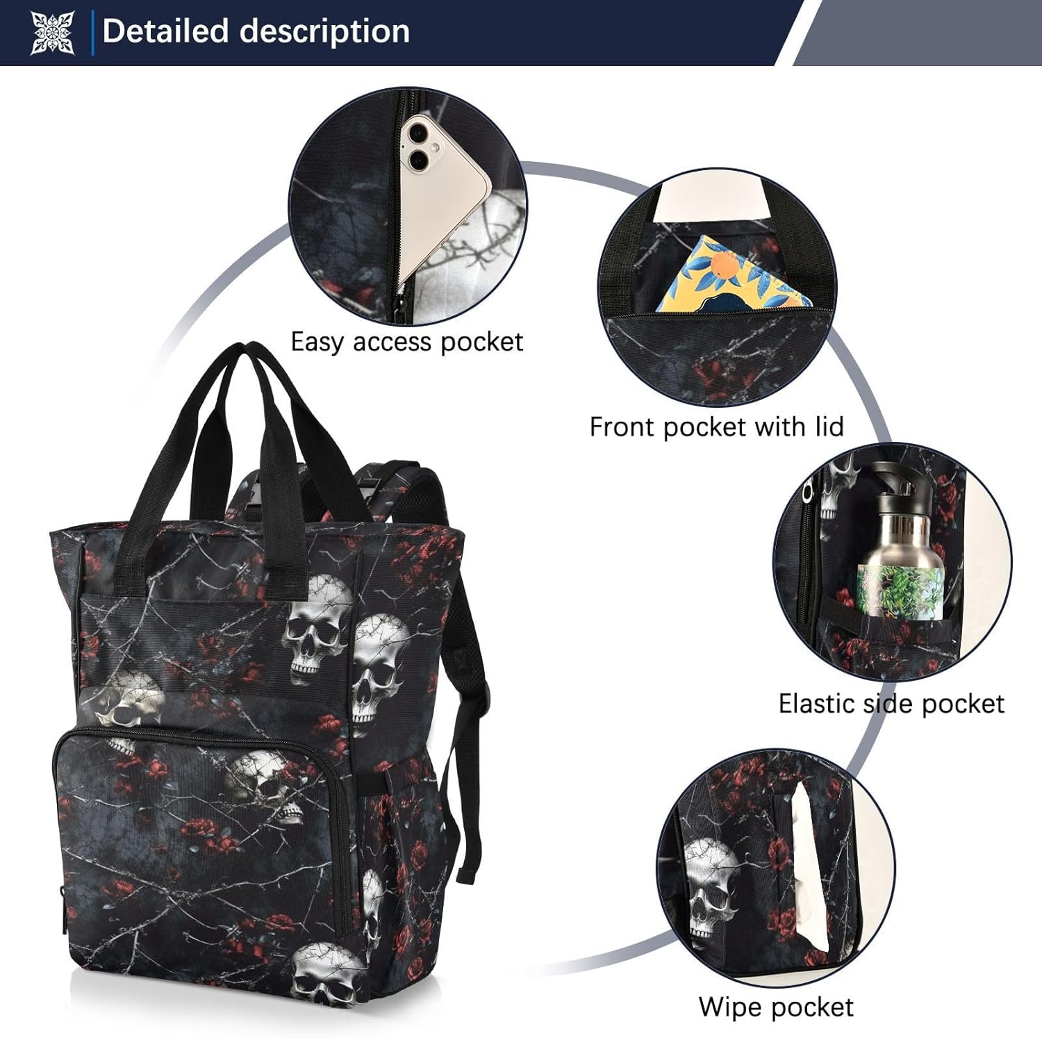 Dark Rose Skull Diaper Bag Backpack for Mom Dad with Insulated Feeding Bottle Insert Large Baby Changing Bag with Stroller Straps 11.02×5.91×15.3 IN