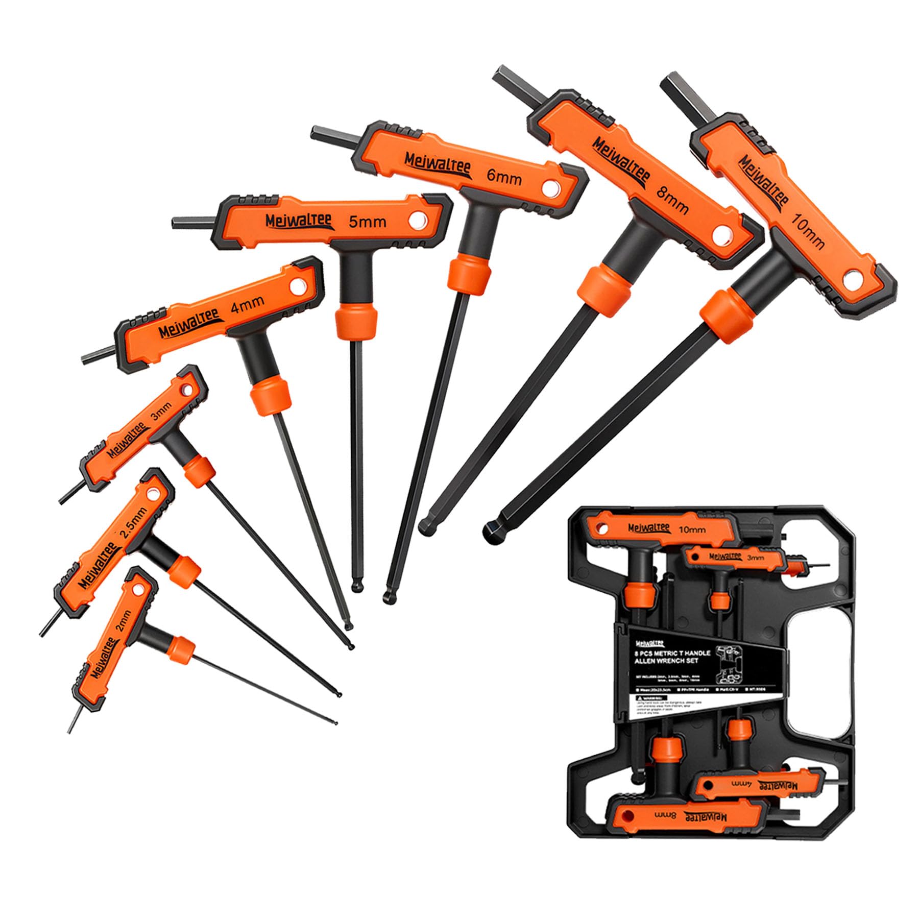 Meiwaltee 8 Pieces Metric Long Arm T Handle Allen Wrench Set, 2-10 mm, Ball Head, Standard Long Tee Handle Allen Hex Key Set, Heavy Duty Excellent Heat-Treated CR-V Steel. โ image 1