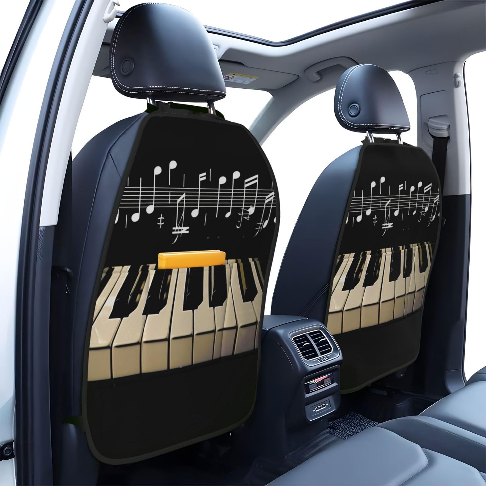JTNWEC Piano Keys with Musical Note Print Car Seat Kick Mats with Organisers 2 Pack Backseat Protector Seat Covers for Your Car, SUV, or Truck
