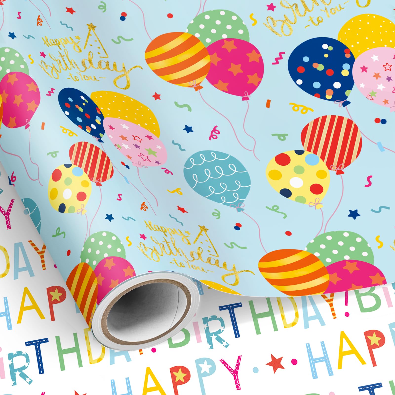 SHUCHING Blue Birthday Wrapping Paper Roll - 43 cm x 10 m, Reversible Colourful Balloon and Happy Birthday Lettering Gift Wrap for Girls, Boys, Birthdays, Baby Showers and Christenings