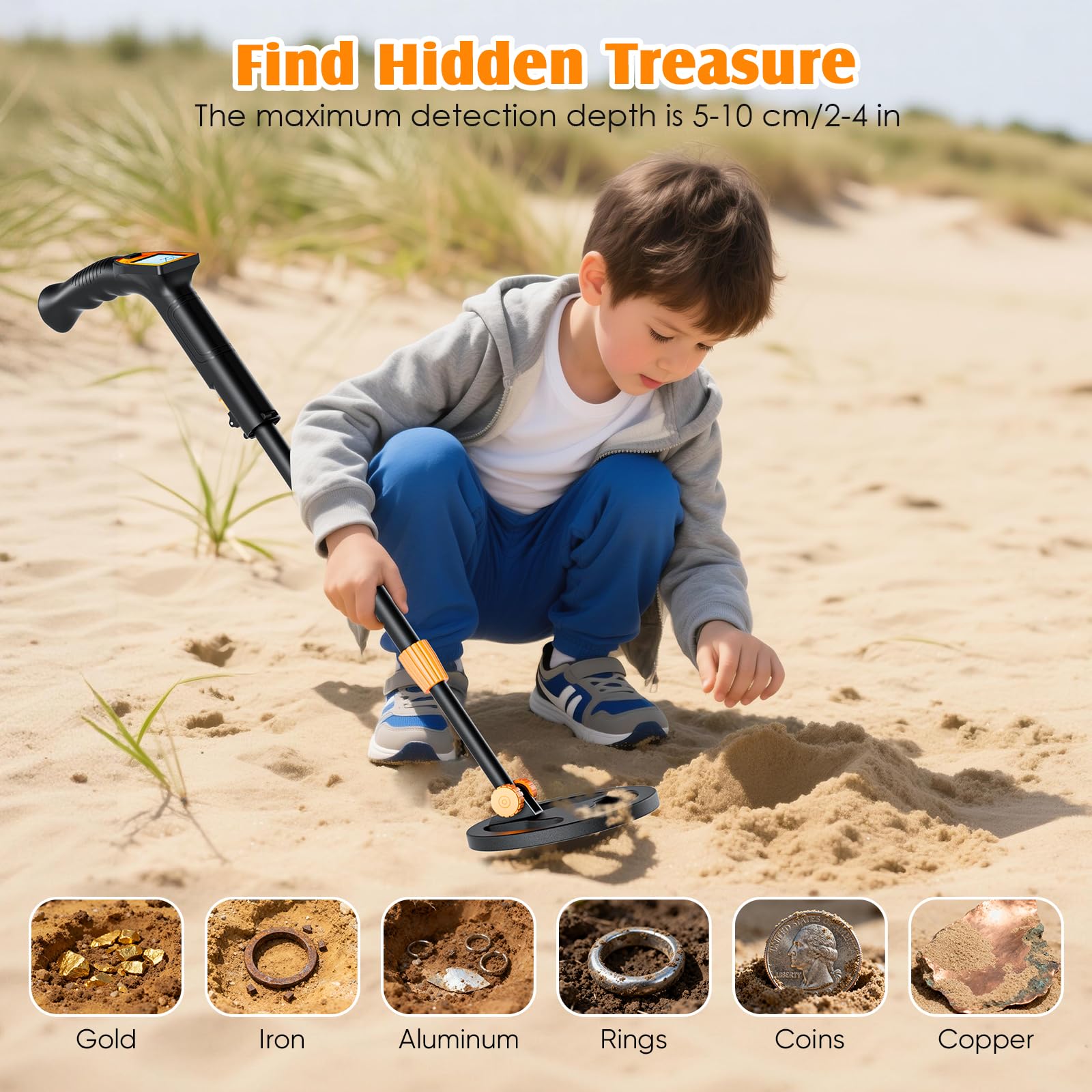 Detecteur Metaux Enfant, Léger Detecteur de Metaux Enfant avec Tige Réglable de 66 à 83 cm, écran LCD et Disque de Recherche étanche, Détecteurs de Métaux pour Enfants avec Pelle Râteau Tamis Sac
