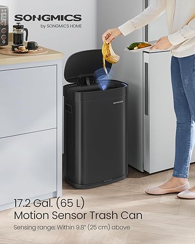 Miniatura 2 de SONGMICS Bote de basura para cocina, 17.2 galones (65 L) con sensor de movimiento, cubo de basura de acero inoxidable, control de olores a ozono,