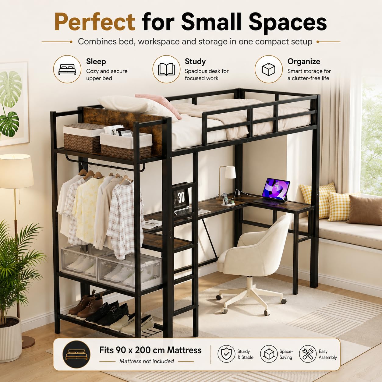 EGGREE Letto a Soppalco 90x200 cm con Scrivania a L, Presa e USB, Letto in Metallo con Appendiabiti, Scarpiera e Ripiani, Letto Salvaspazio per Cameretta, Nero