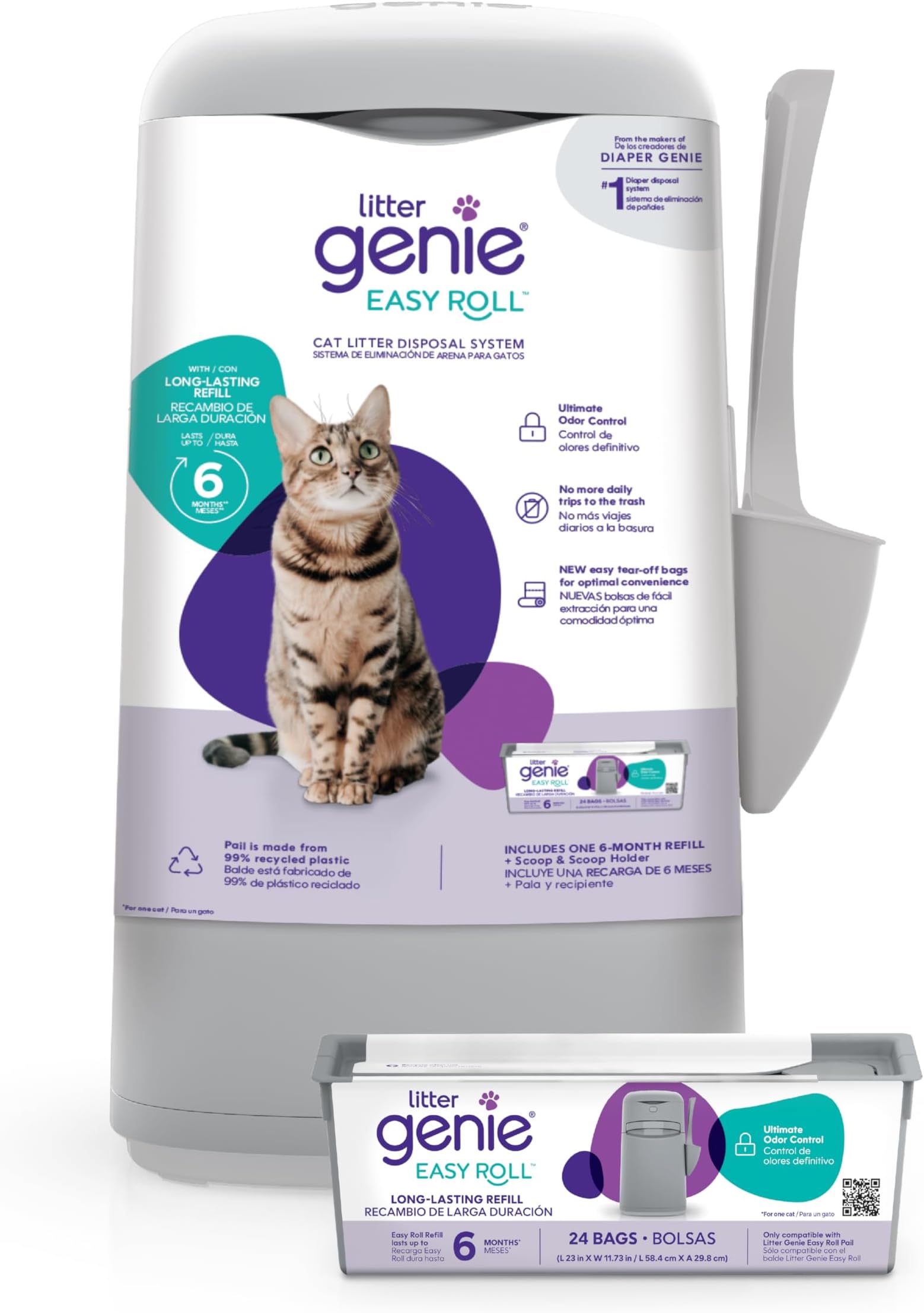 Litter Genie Easy Roll Pail - Cat Litter Disposal System - Cat Litter Box Disposal - Cat Litter Scoop - Cat Litter Bags - Silver