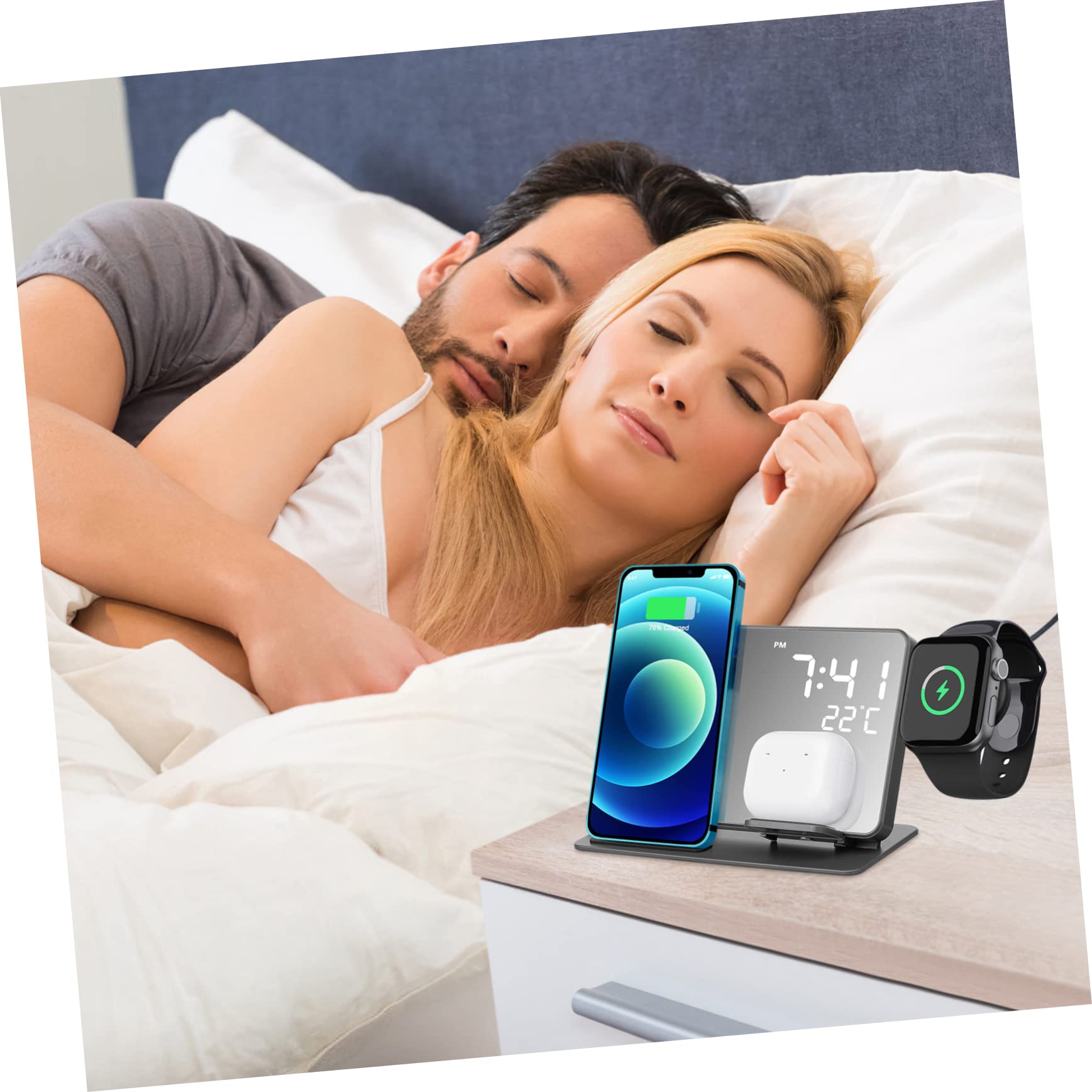 Didiseaon Station de Recharge sans Fil Multifonction pour Bureau et Chambre, Horloge Numérique LED avec Affichage Température, Chargeur Rapide Compatible Qi, Support Chargeur