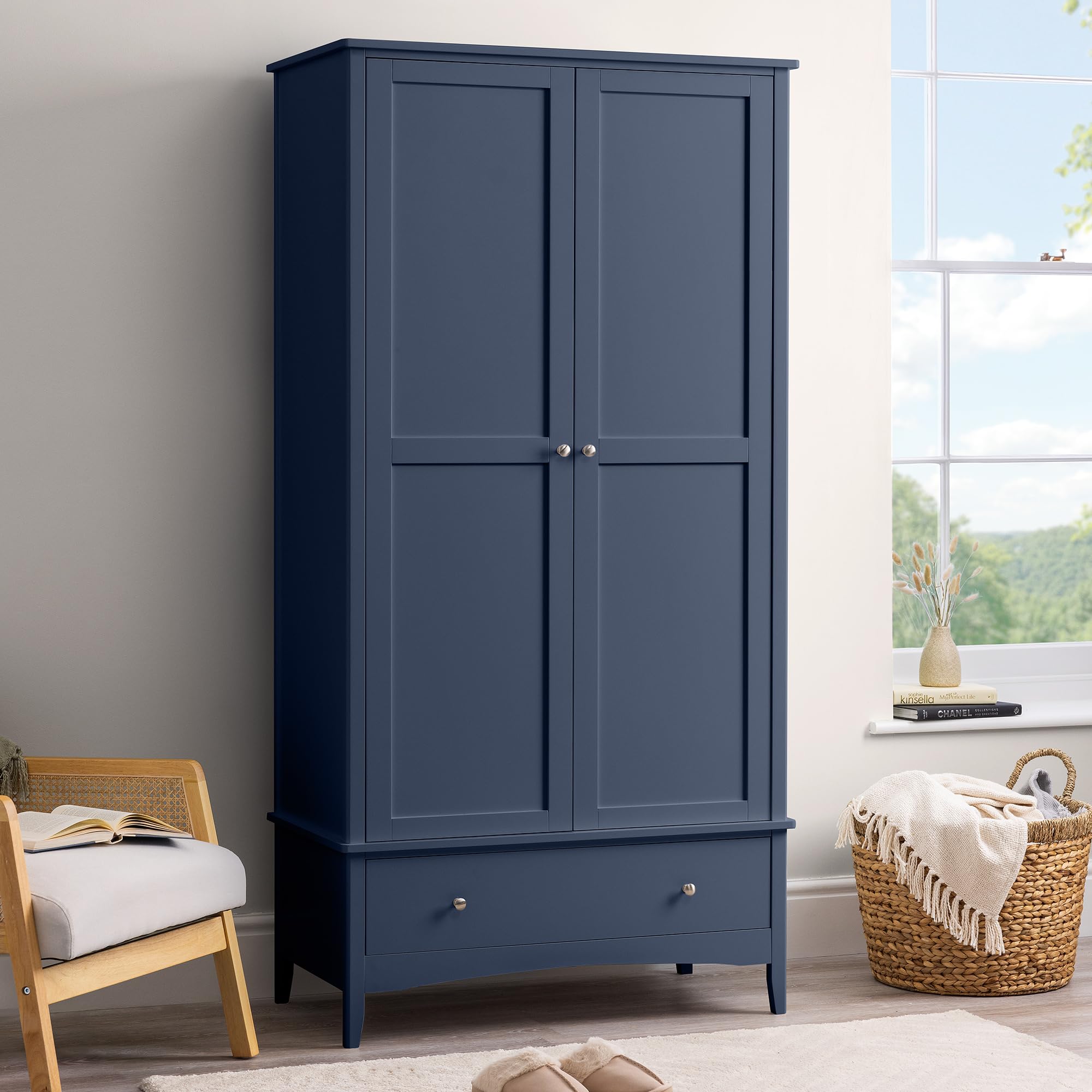 CHRISTOW Double Wardrobe, Clothes Rail & Drawer, Blue
