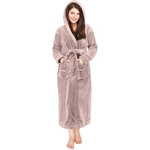NY Threads Womens Fleece Hooded Bath Robe - Plush Long Robe, Taupe, Medium