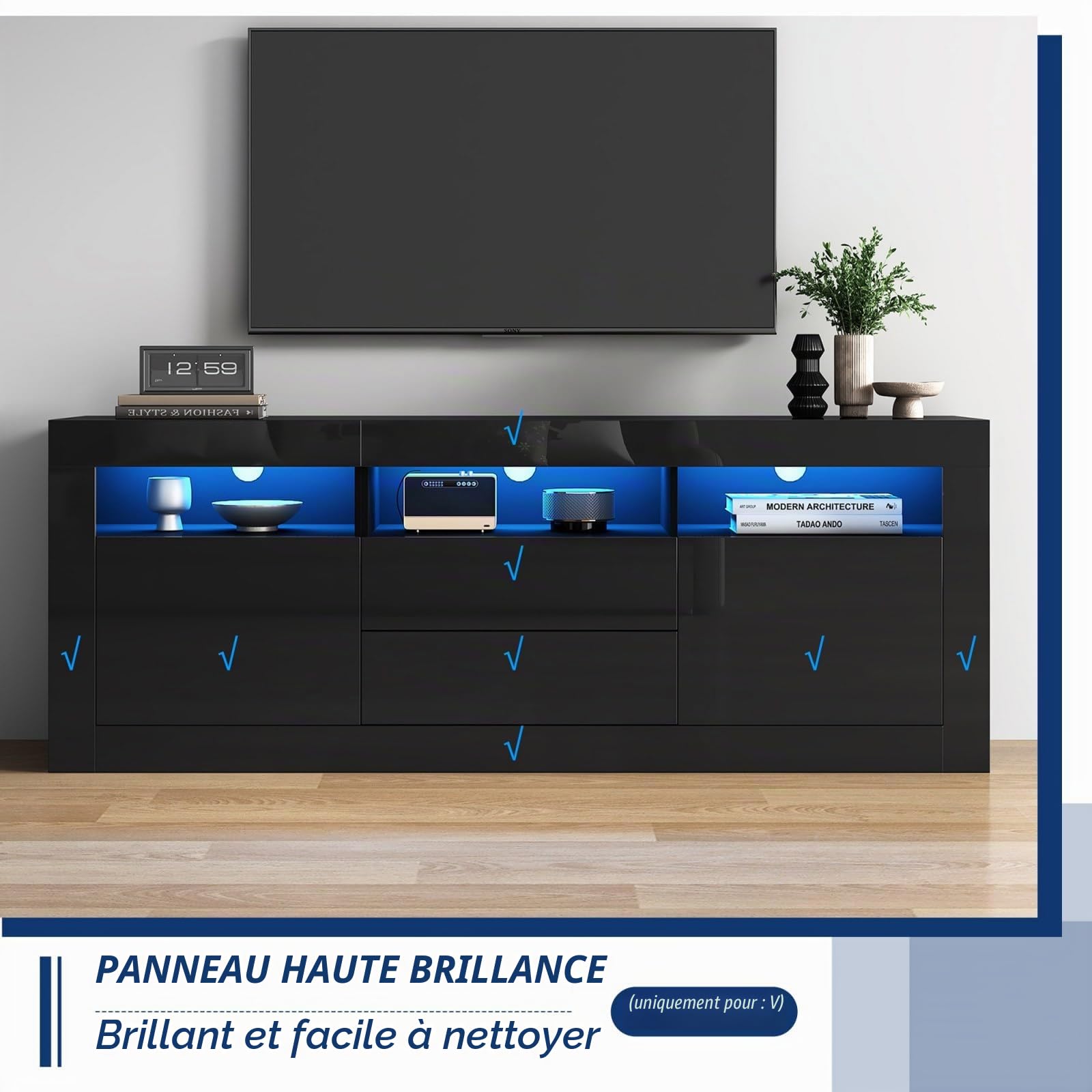 KOMHTOM Meuble TV 160 cm Longueur Noir avec LED et Rangement Table Television Salon avec Deux tiroirs et Portes Meuble de Salon Moderne (Noir, 160 x 35 x 60 cm)