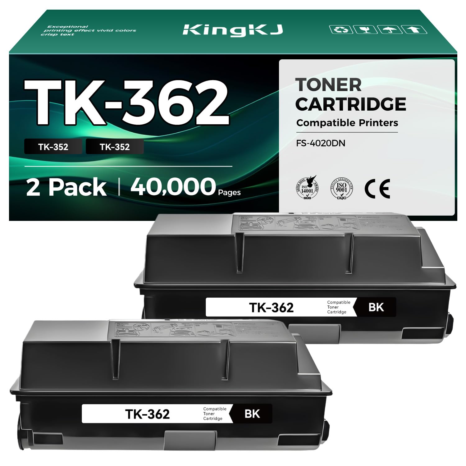 TK-362 TK362 Toner Cartridge Black 2-Pack High Yield Replacement for Kyocera TK-362 TK362 1T02J20US0 Toner Cartridges Compatible with Kyocera FS-4020DN Multifunctional Printer Copy Ink（20,000 Pages）